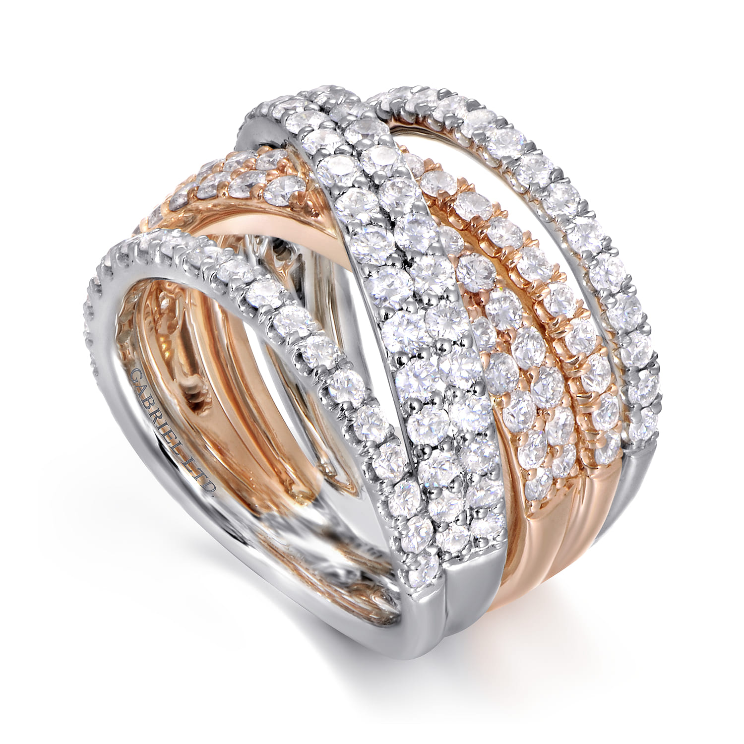 Layered Wide Band Diamond Ring in 18K White/Rose Gold, photograph 3