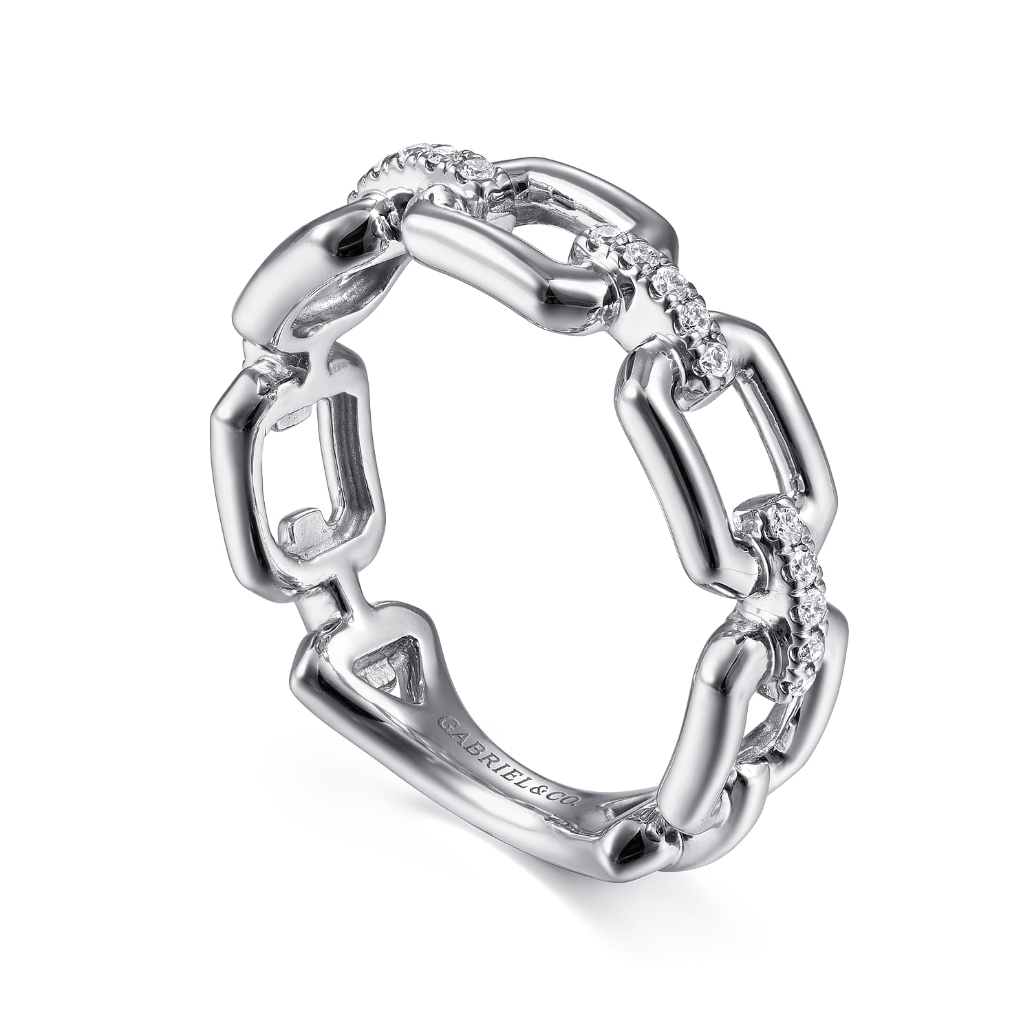 Chain Link Ring Band with Diamond Connectors in 14K White Gold, photograph 3