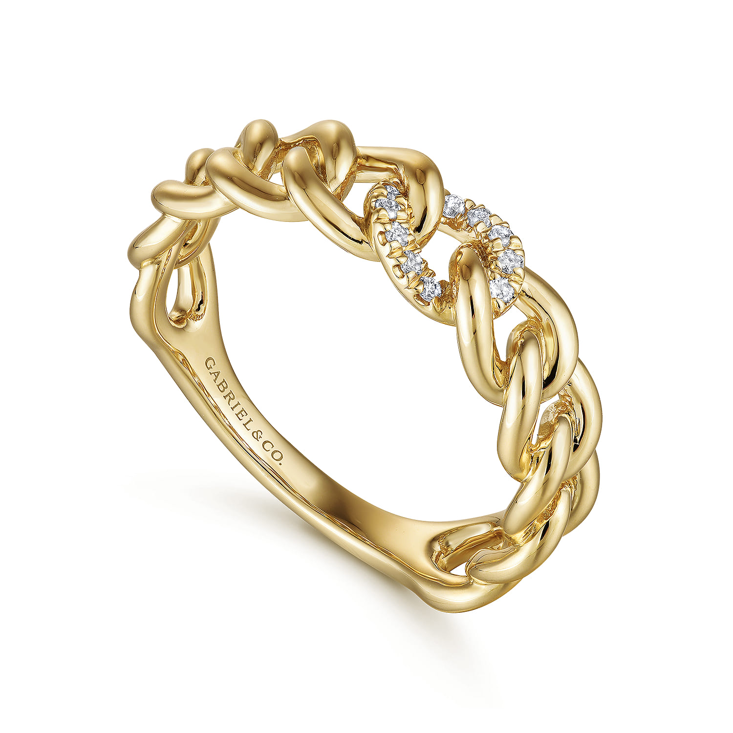 Chain Link Ring Band with Pave Diamond Station in 14K Yellow Gold, photograph 3