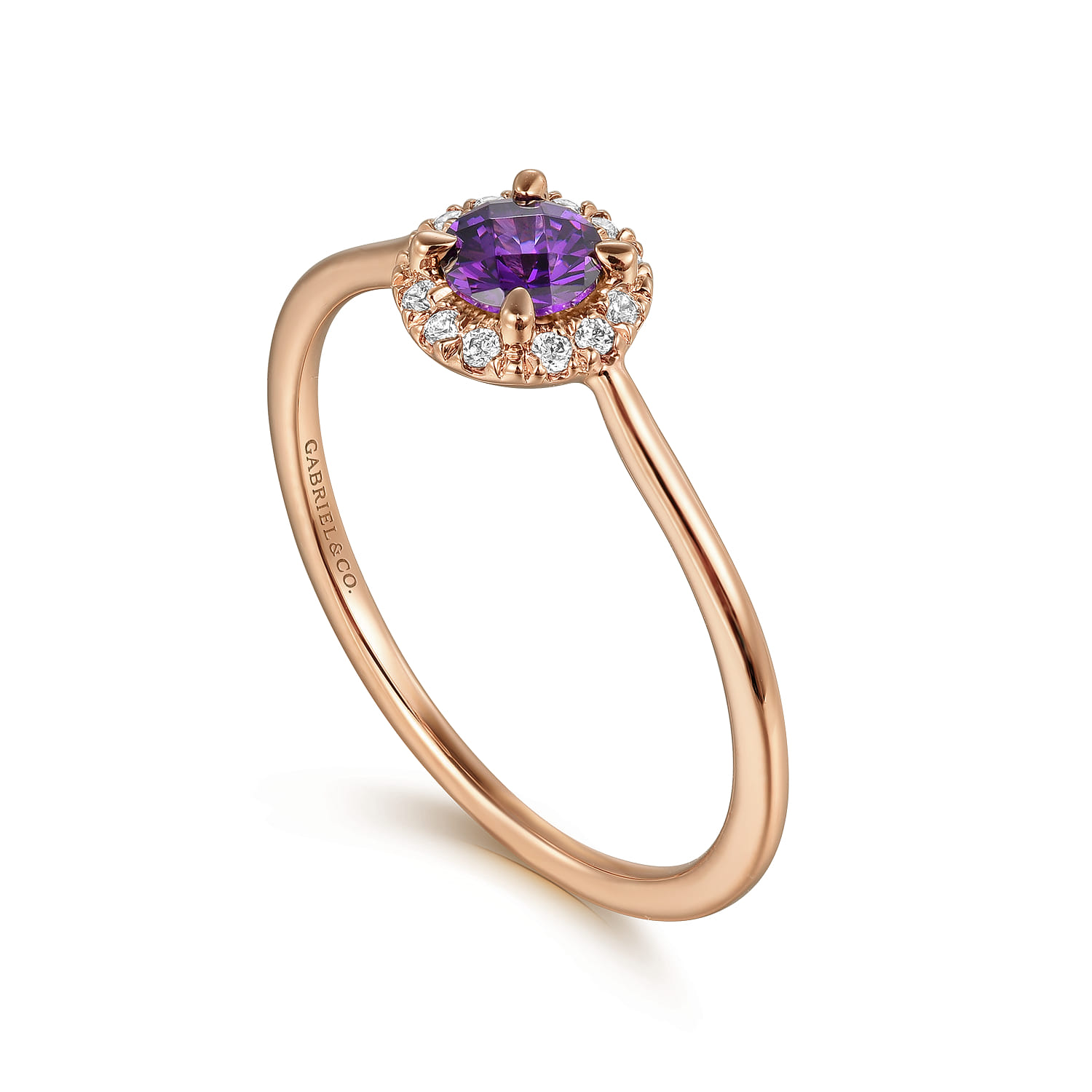 Amethyst and Diamond Halo Promise Ring in 14K Rose Gold, photograph 3