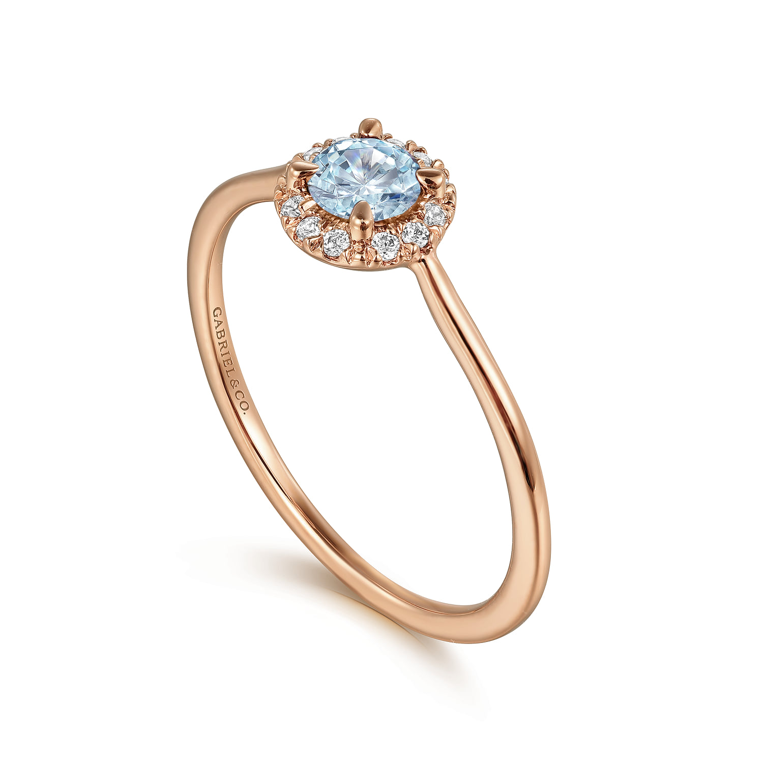 Aquamarine and Diamond Halo Promise Ring in 14K Rose Gold, photograph 3