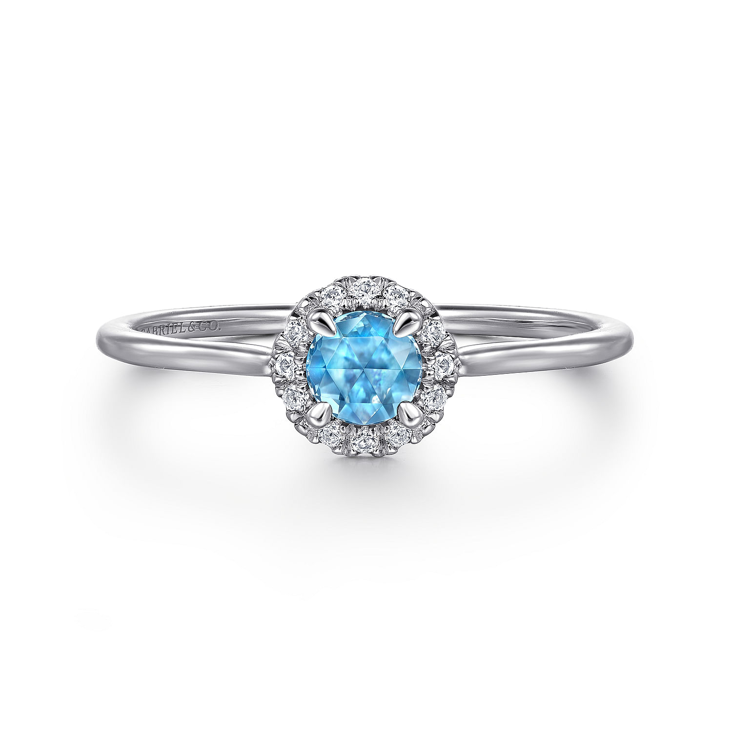 14K White Gold Blue Topaz and Diamond Halo Promise Ring