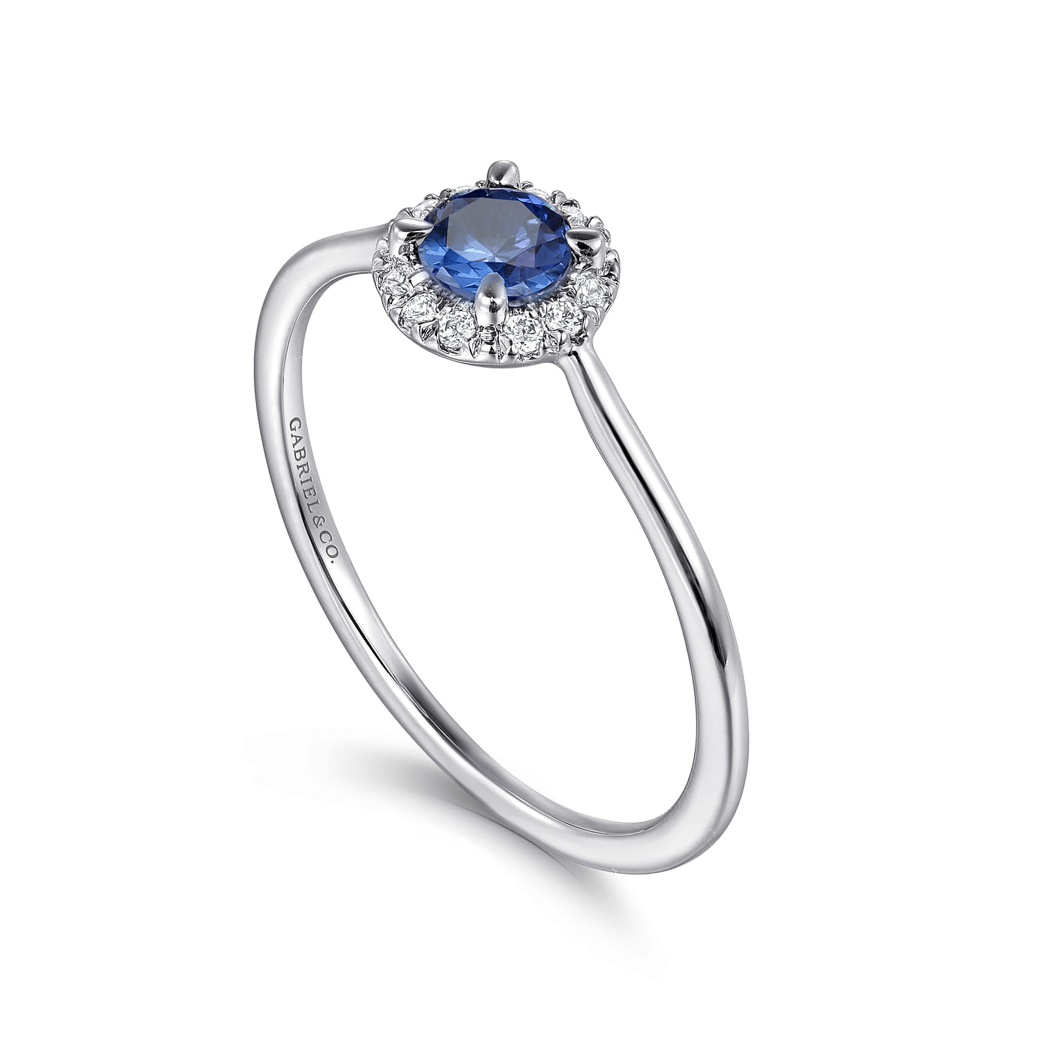 Blue Sapphire and Diamond Halo Promise Ring in 14K White Gold, photograph 3