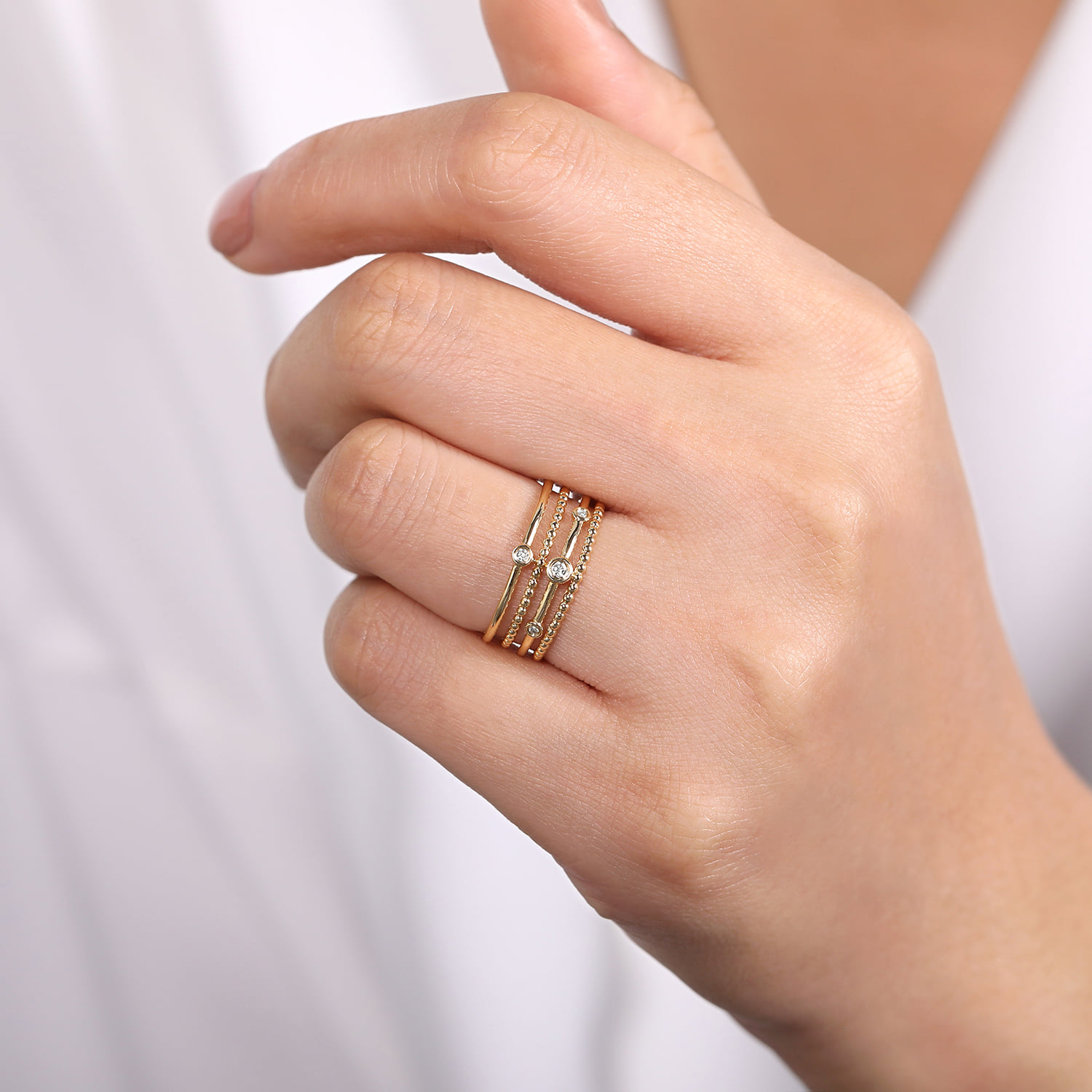 Bezel Set Diamond Station Layered Ring in 14K Yellow Gold, photograph 5