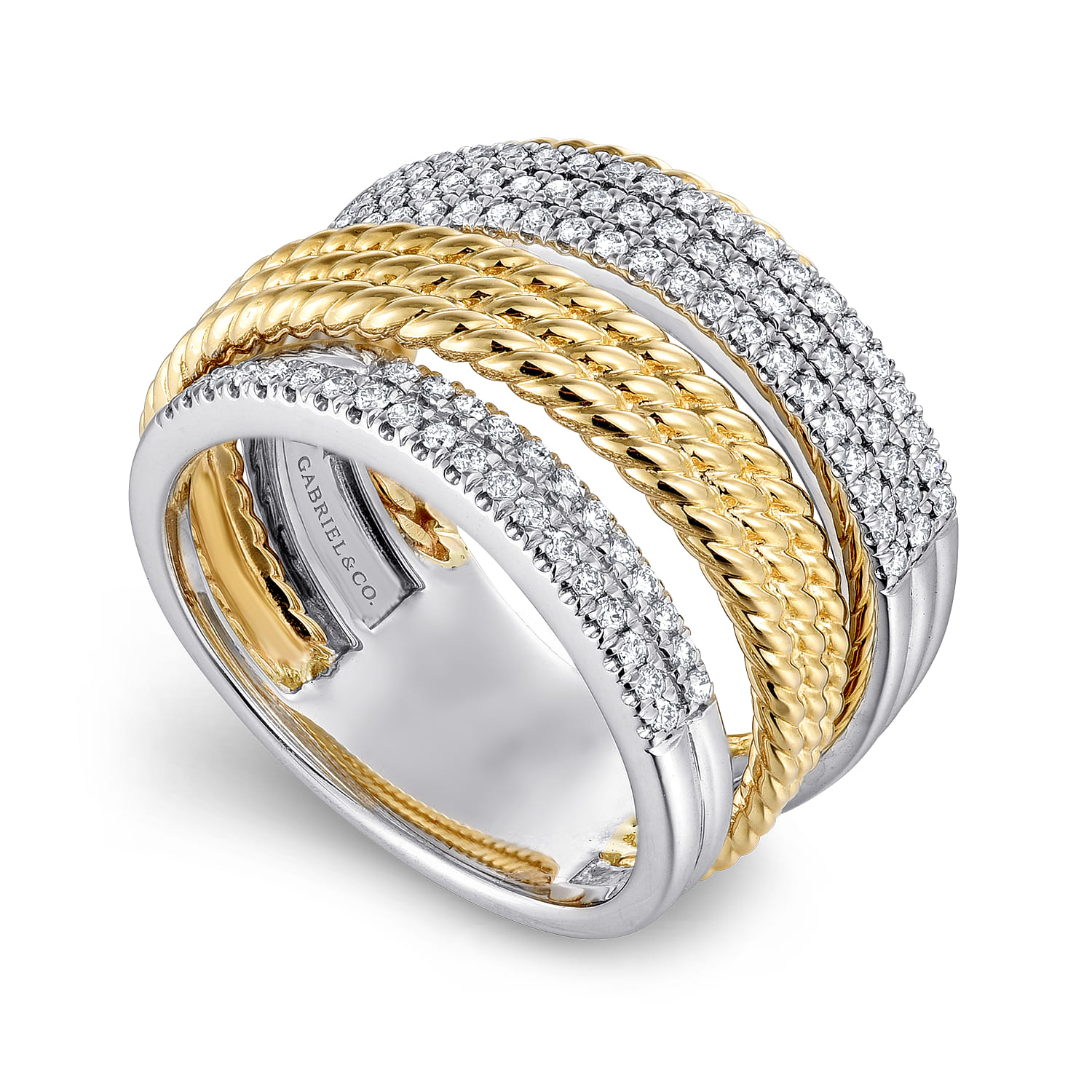 Multi Row Diamond and Twisted Rope Ring in 14K White/Yellow Gold, photograph 3
