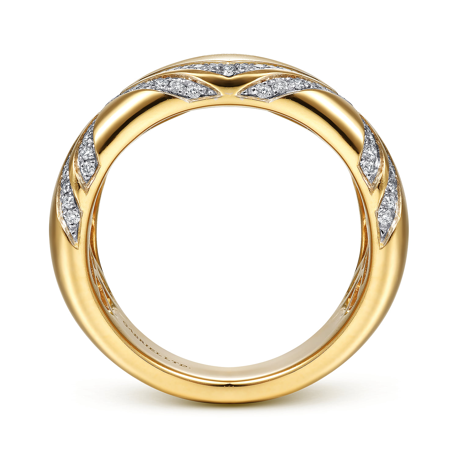 Wide Diamond Ring with Diamond Criss Crossing Rows in 18K Yellow Gold, photograph 2