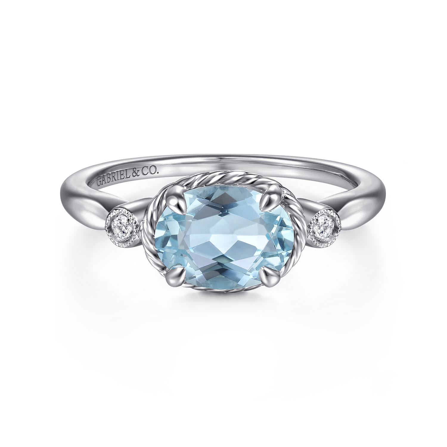 Oval Aquamarine and Diamond Three Stone Promise Ring in 14K White Gold