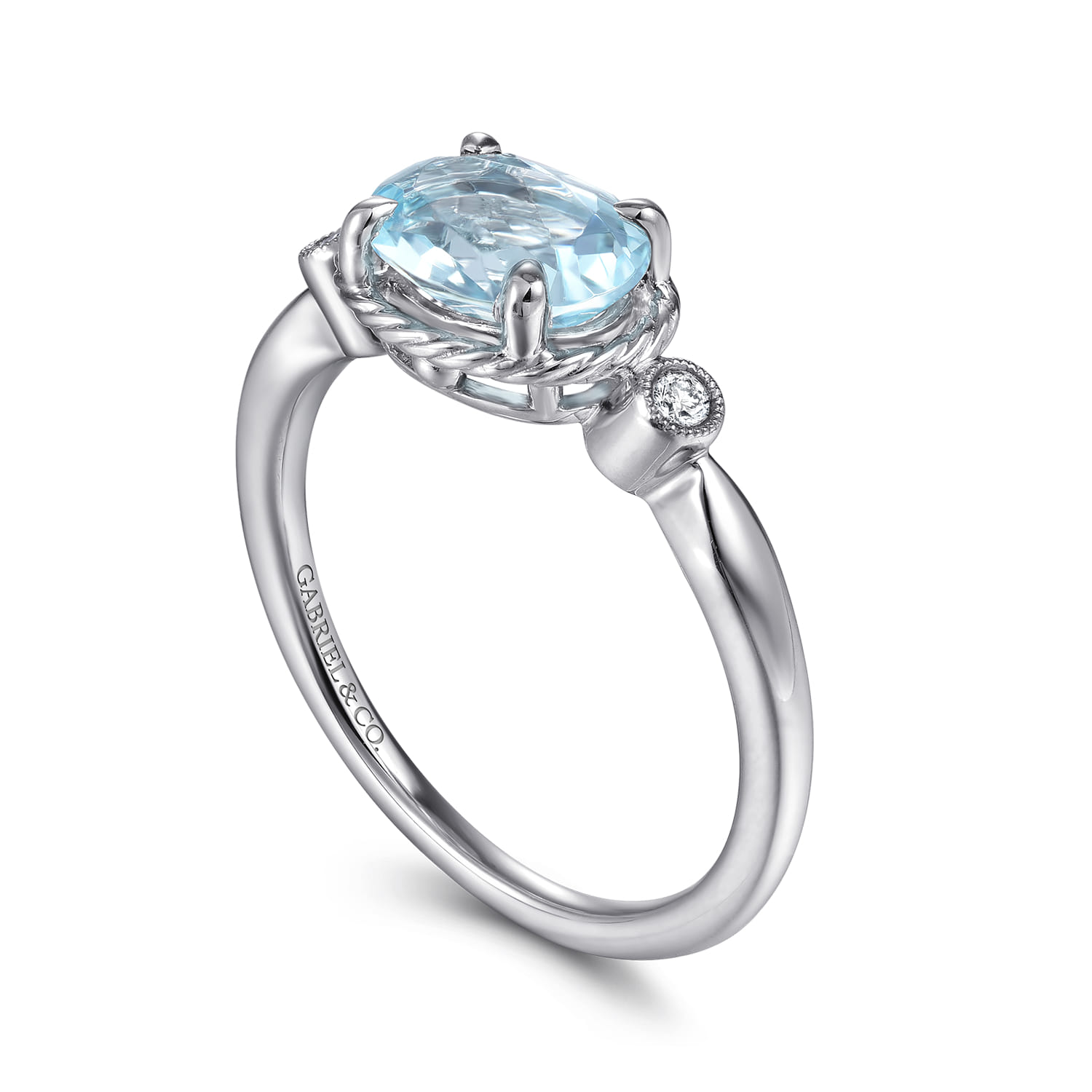 Oval Aquamarine and Diamond Three Stone Promise Ring in 14K White Gold, photograph 3