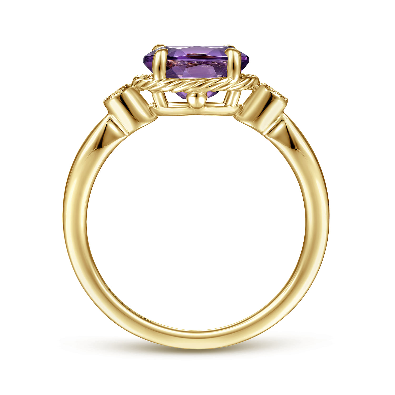 Oval Amethyst and Diamond Three Stone Promise Ring in 14K Yellow Gold, photograph 2