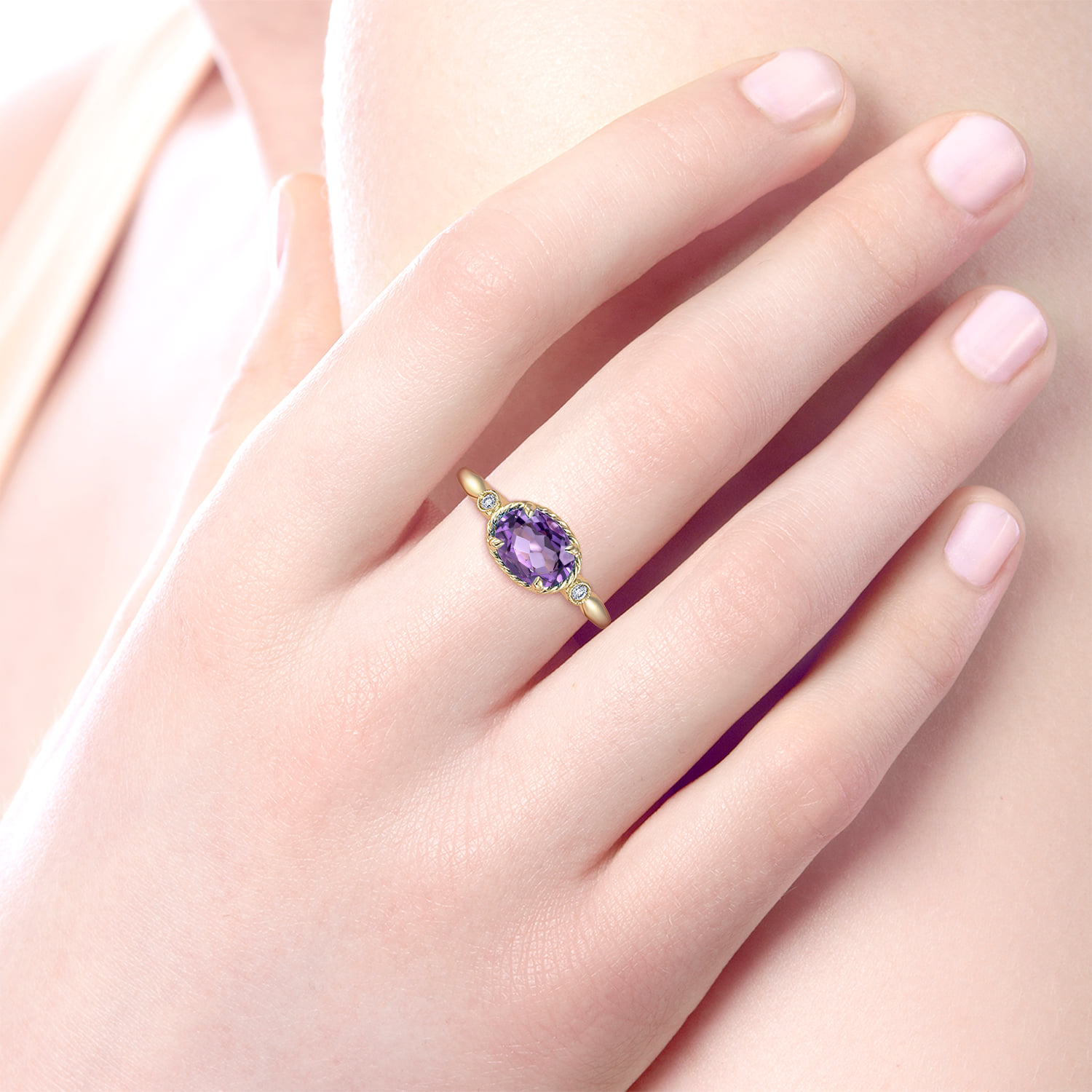 Oval Amethyst and Diamond Three Stone Promise Ring in 14K Yellow Gold, photograph 5