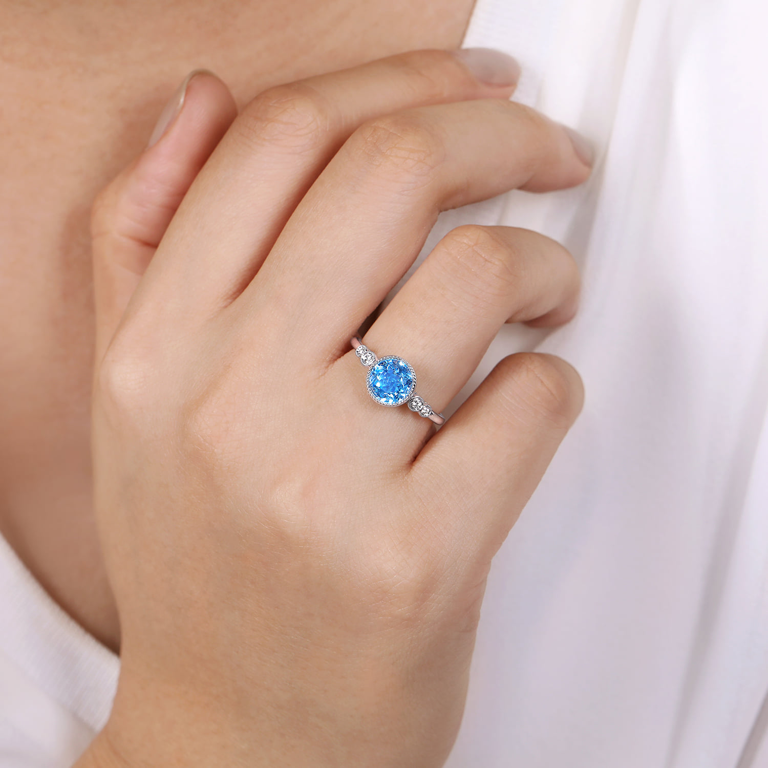 Blue Topaz and Diamond Promise Ring in 14K White Gold, photograph 5