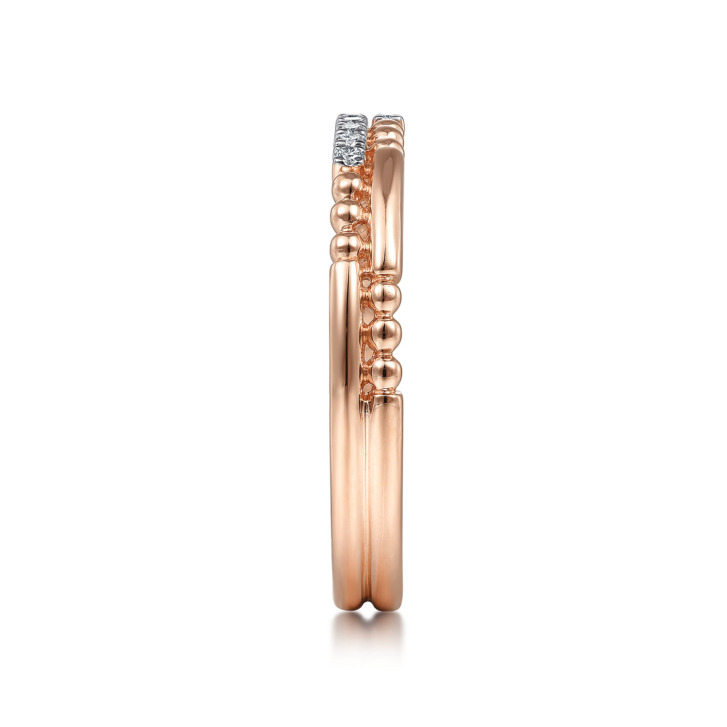 Two Row Beaded Diamond Stackable Ring in 14K Rose Gold, photograph 4