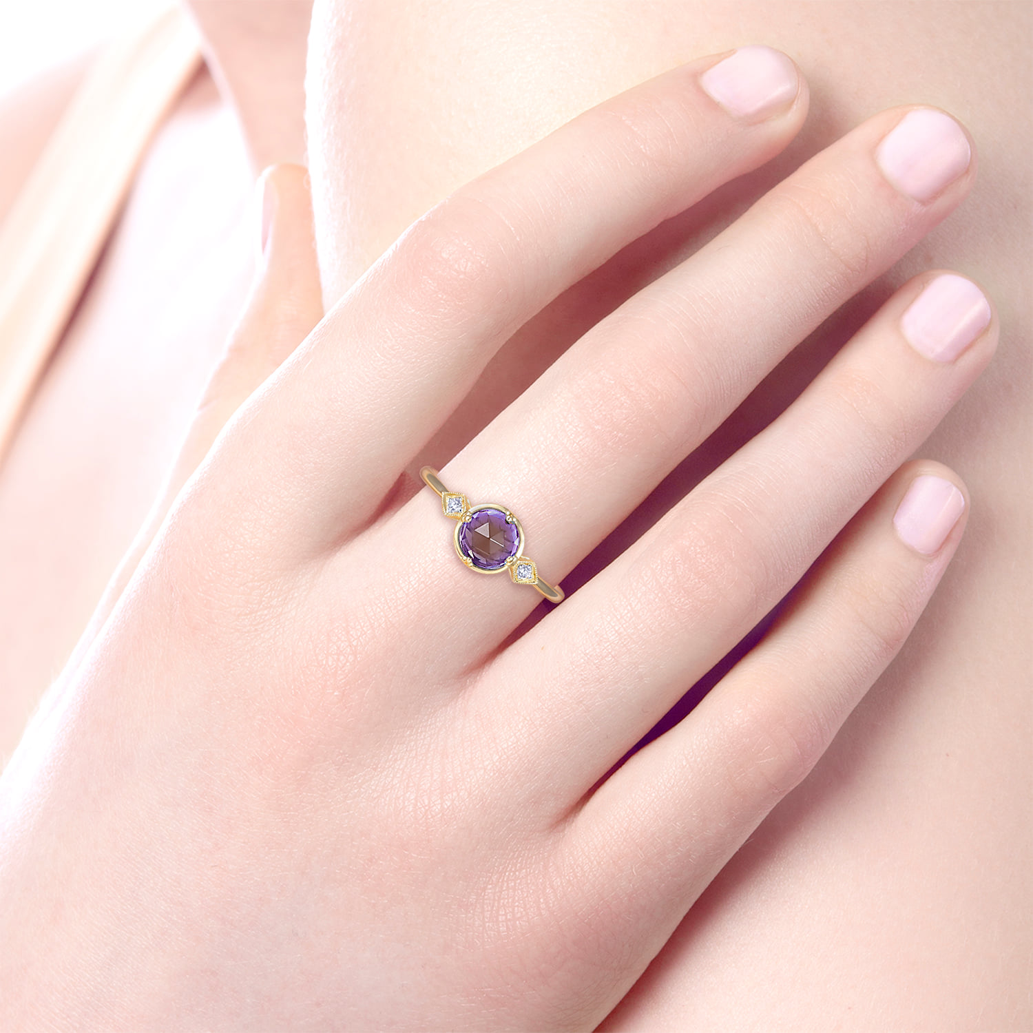 Three Stone Amethyst and Diamond Promise Ring in 14K Yellow Gold, photograph 5