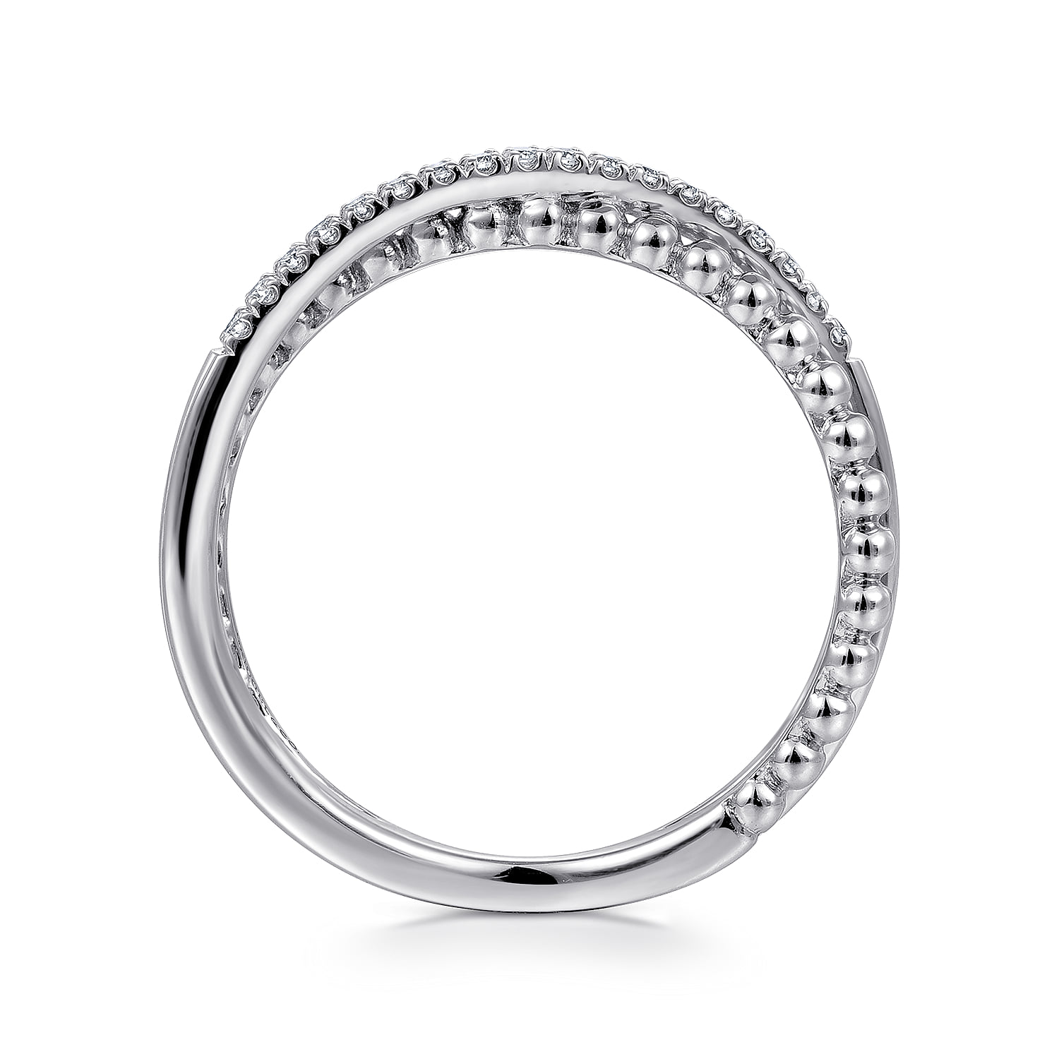 Beaded Pave Diamond Criss Cross Ring in 14K White Gold, photograph 2