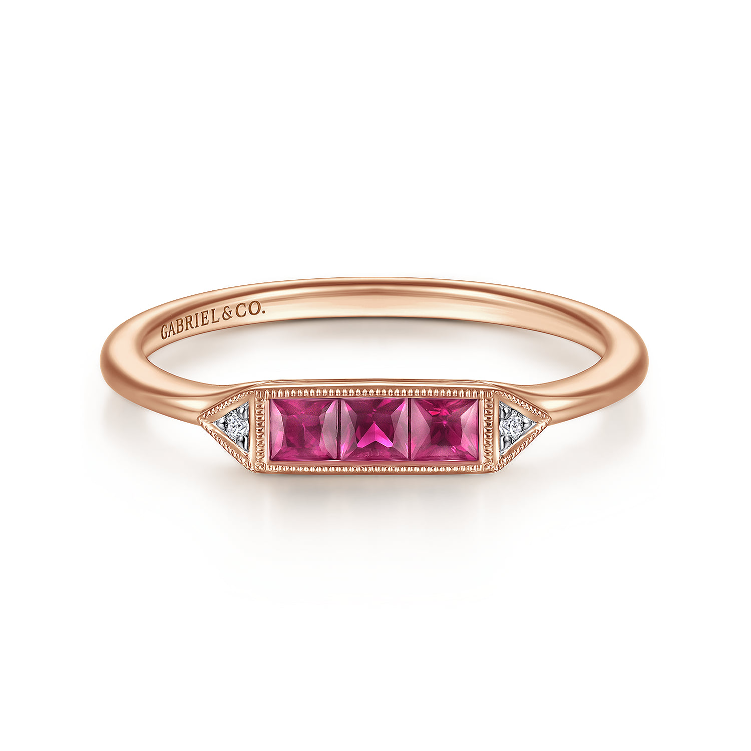 Diamond and Trio Princess Cut Ruby Stackable Promise Ring in 14K Rose Gold