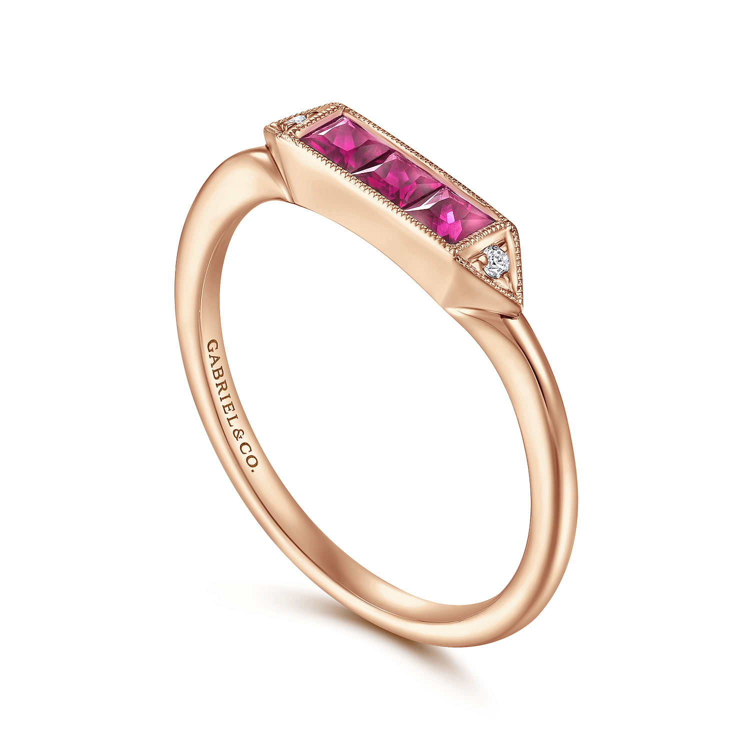 Diamond and Trio Princess Cut Ruby Stackable Promise Ring in 14K Rose Gold, photograph 3