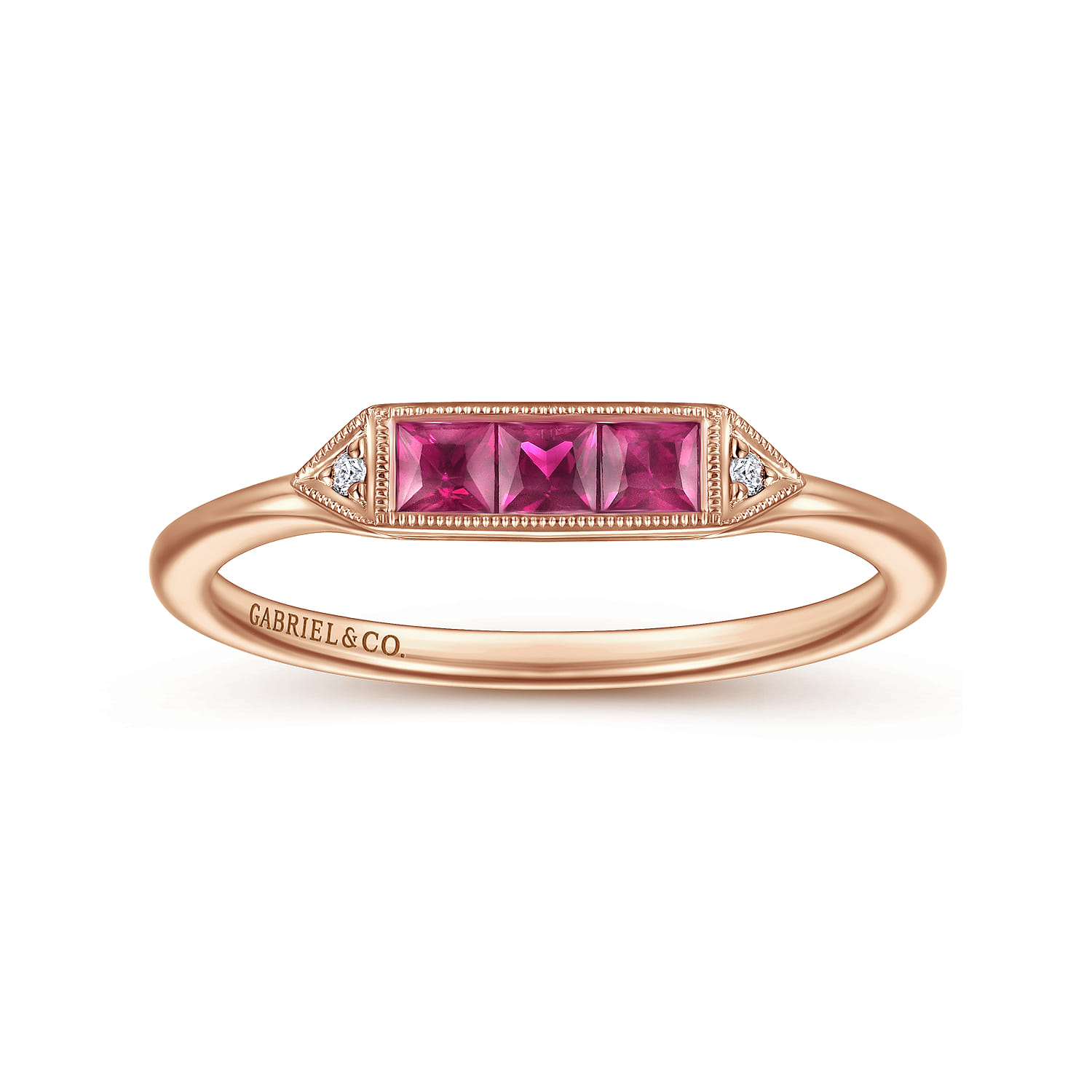 Diamond and Trio Princess Cut Ruby Stackable Promise Ring in 14K Rose Gold, photograph 4