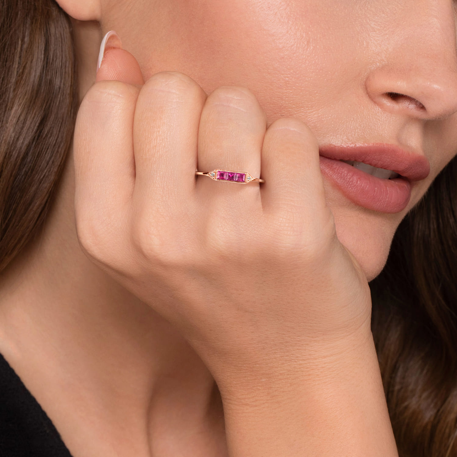 Diamond and Trio Princess Cut Ruby Stackable Promise Ring in 14K Rose Gold, photograph 5