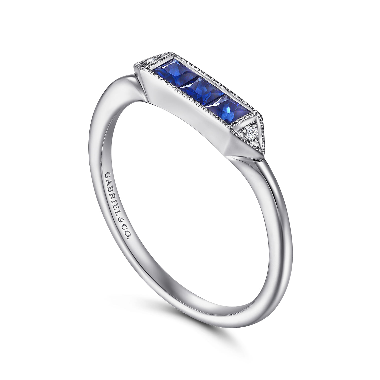 Diamond and Trio Princess Cut Sapphire Promise Ring in 14K White Gold, photograph 3