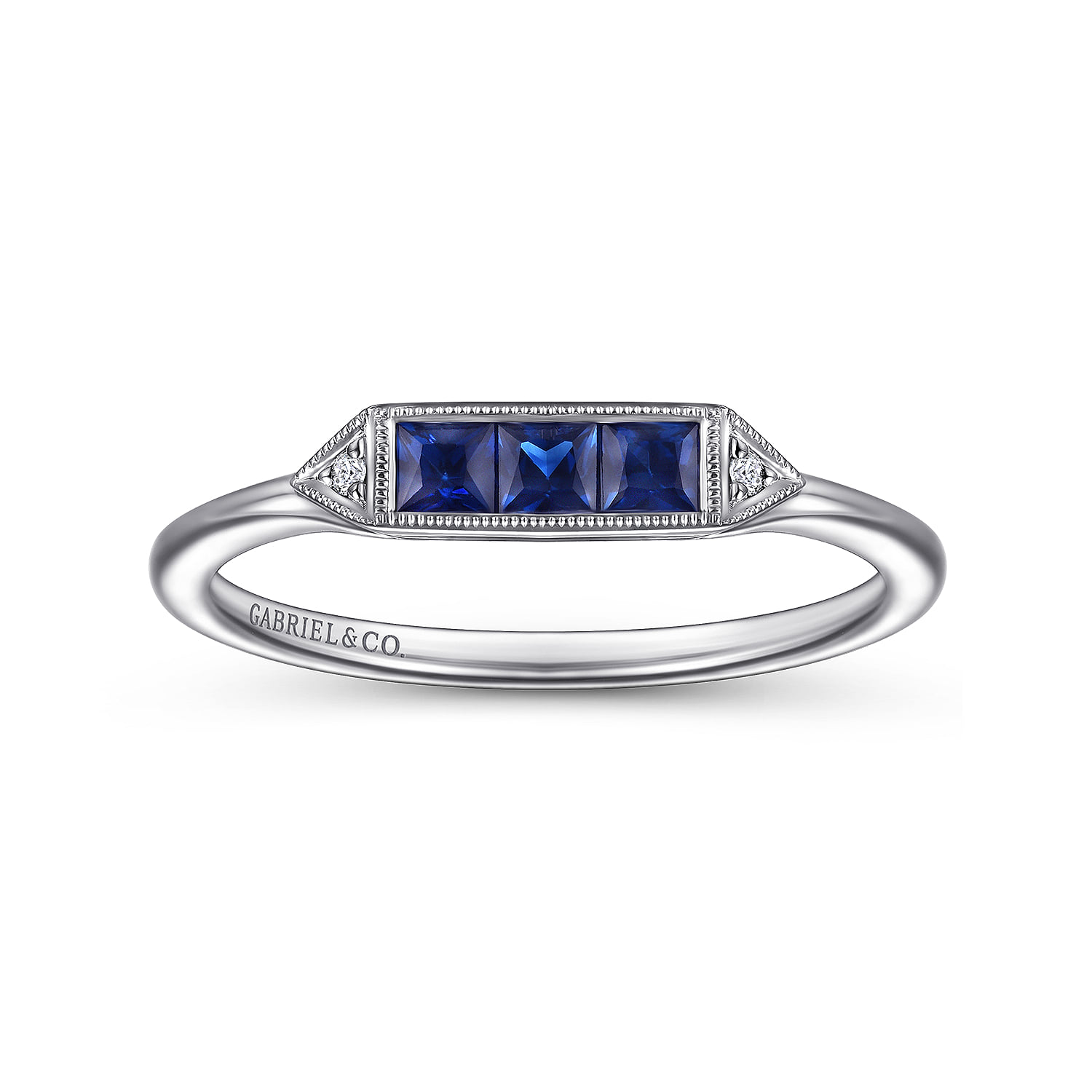 Diamond and Trio Princess Cut Sapphire Promise Ring in 14K White Gold, photograph 4