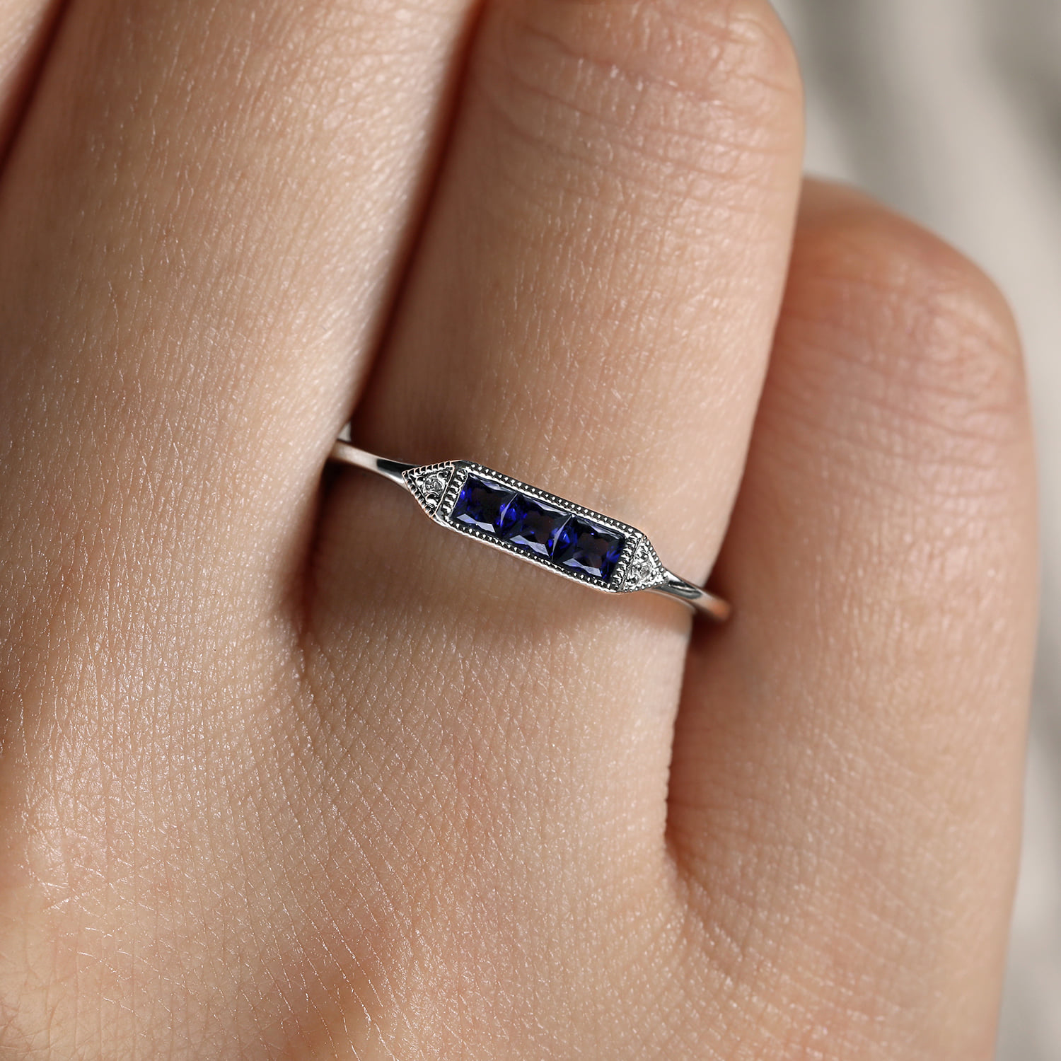 Diamond and Trio Princess Cut Sapphire Promise Ring in 14K White Gold, photograph 5