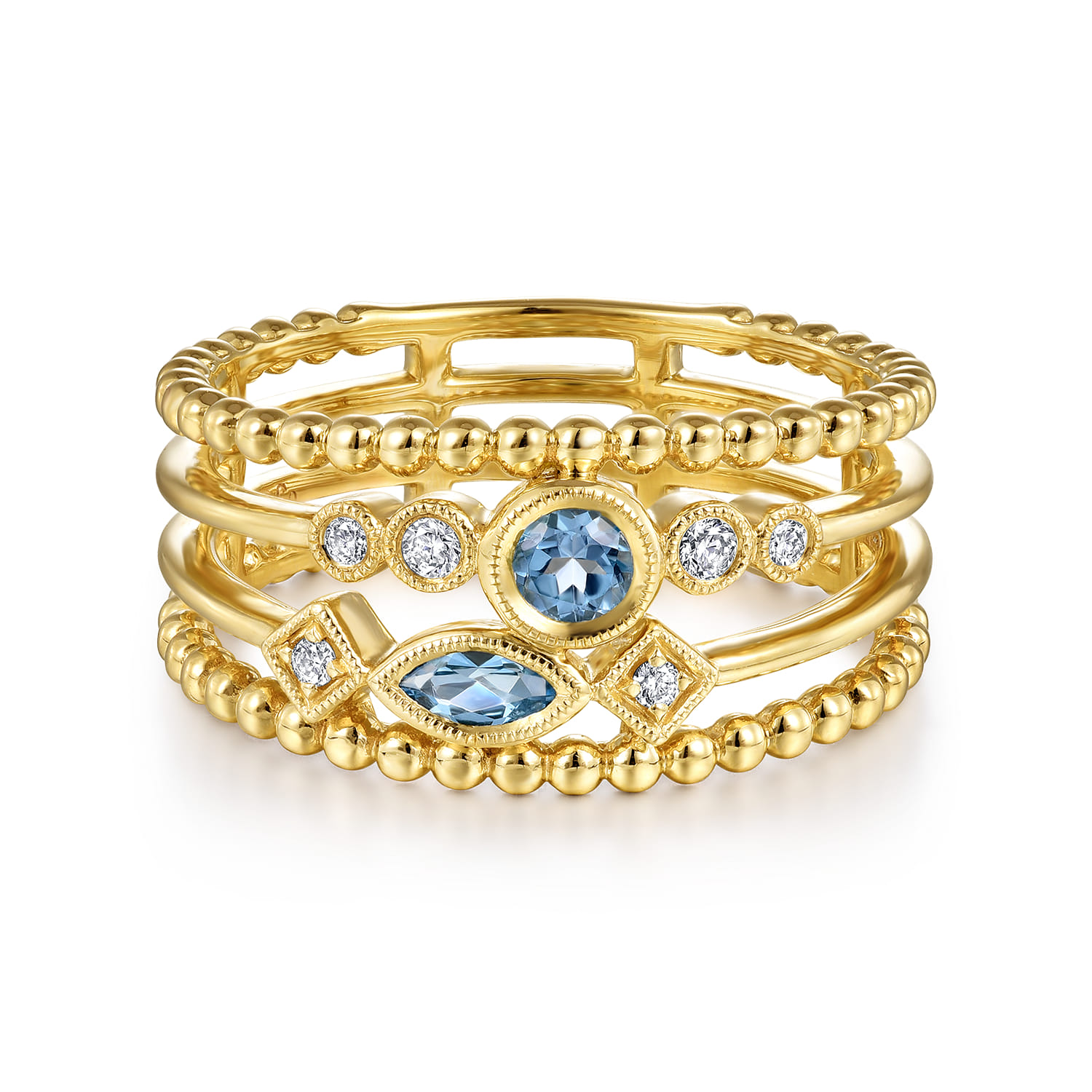 Swiss Blue Topaz and Diamond Multi Row Ring
