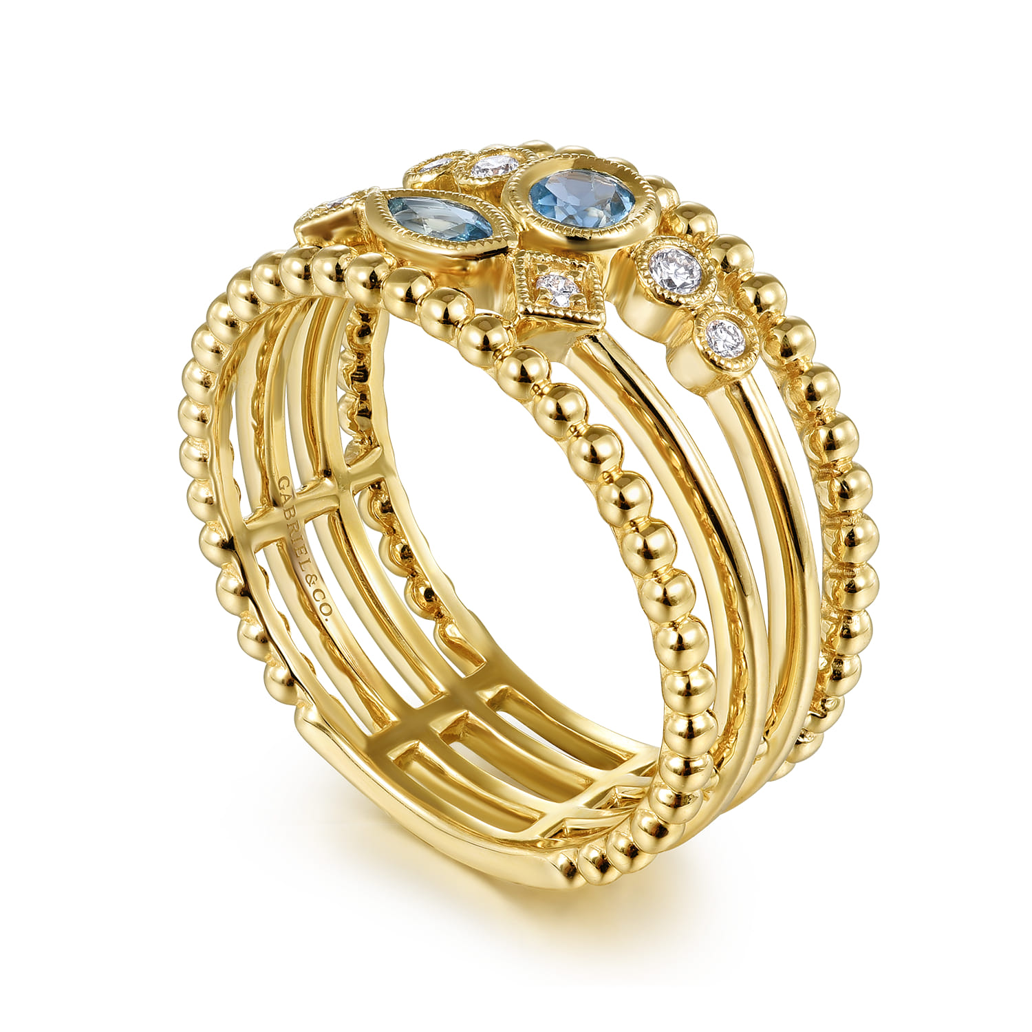 Swiss Blue Topaz and Diamond Multi Row Ring in 14K Yellow Gold, photograph 3