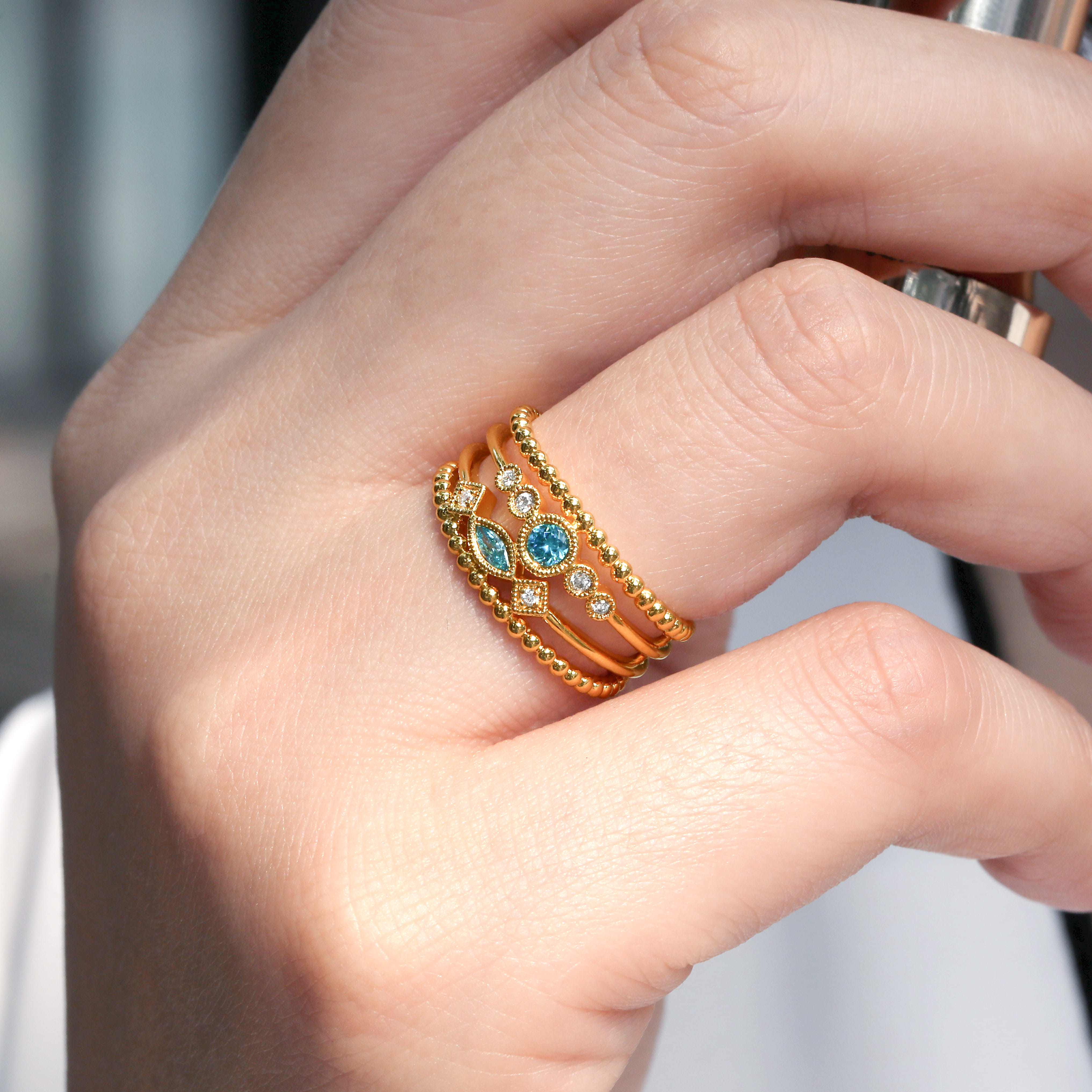 Swiss Blue Topaz and Diamond Multi Row Ring in 14K Yellow Gold, photograph 5