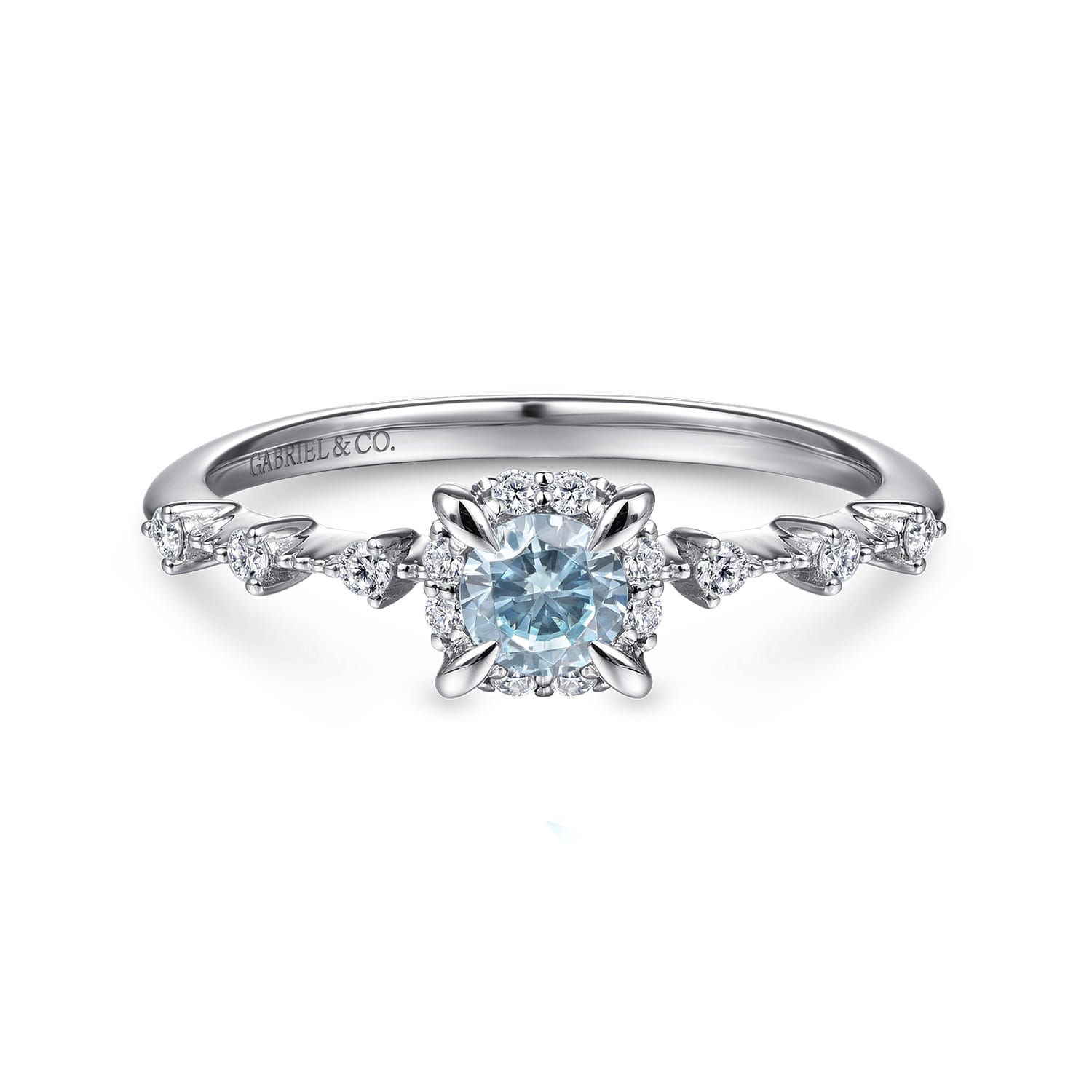 Round Aquamarine and Diamond Halo Promise Ring in 14K White Gold