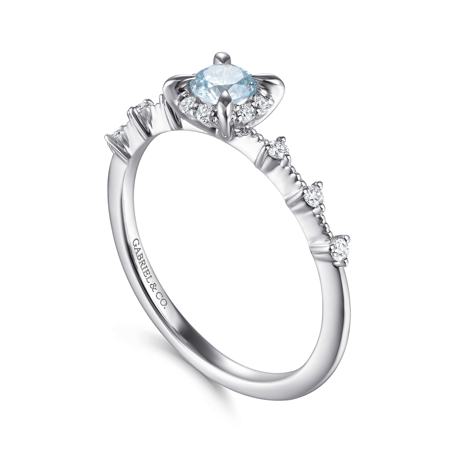 Round Aquamarine and Diamond Halo Promise Ring in 14K White Gold, photograph 3
