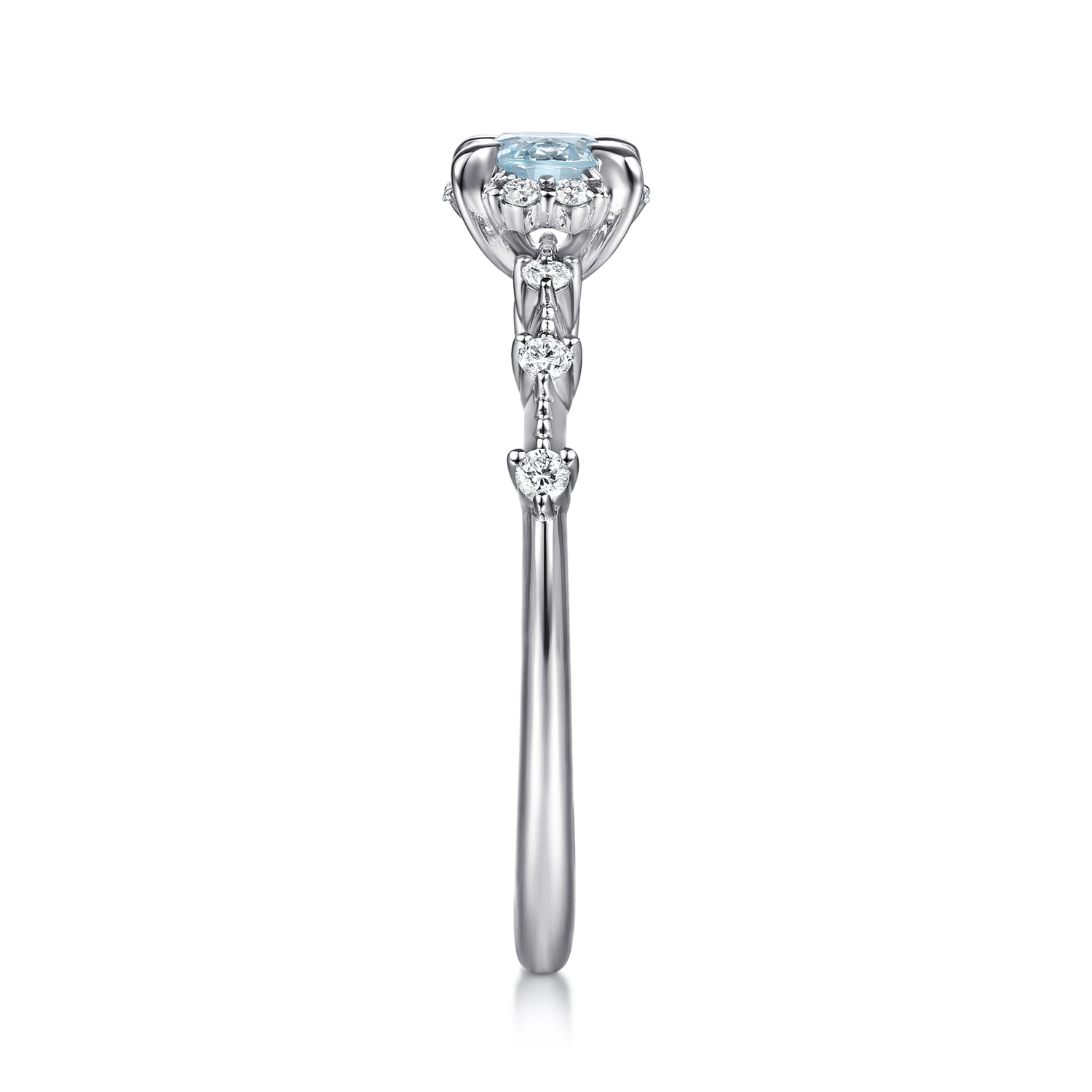 Round Aquamarine and Diamond Halo Promise Ring in 14K White Gold, photograph 4