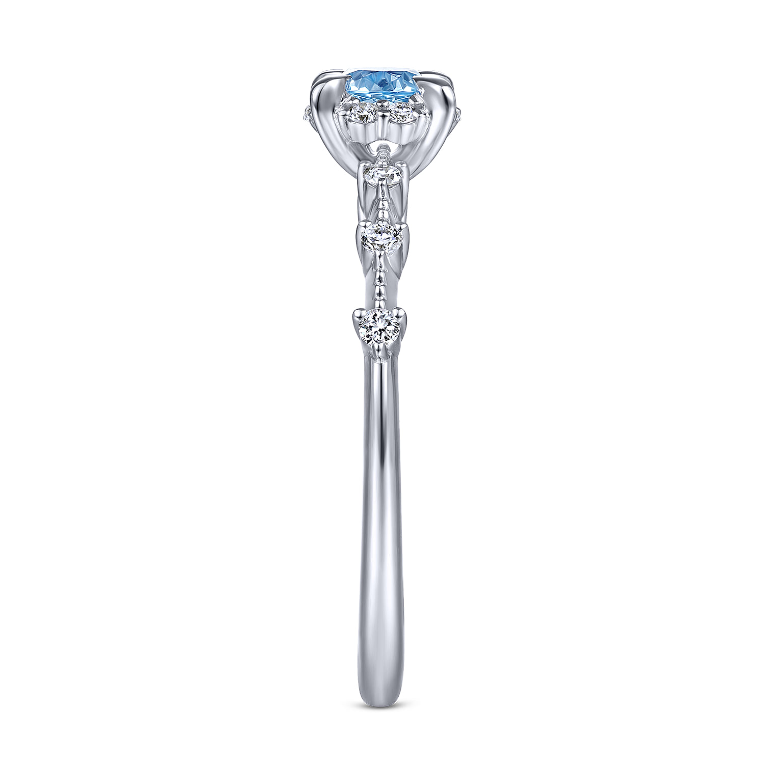 Round Blue Topaz and Diamond Halo Promise Ring in 14K White Gold, photograph 4