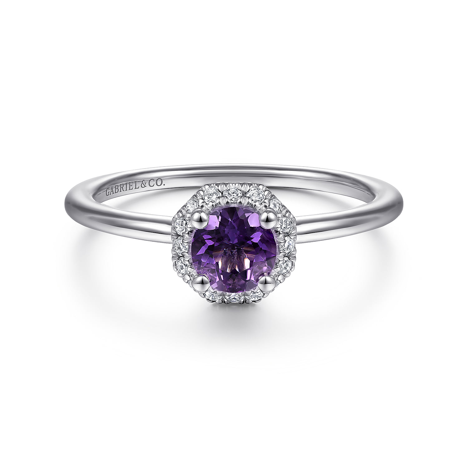 Hexagonal Diamond Halo and Round Amethyst Promise Ring in 14K White Gold