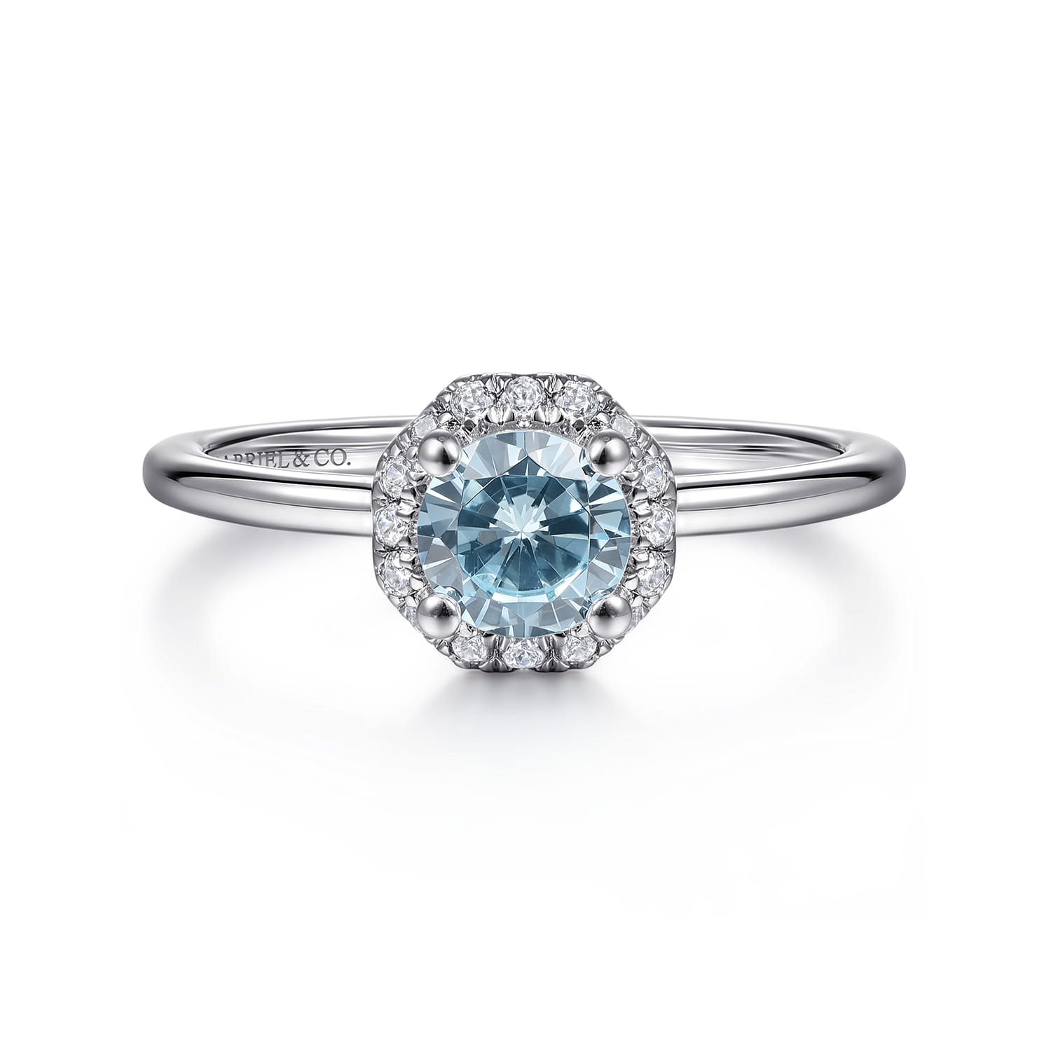 Octagonal Halo Aquamarine and Diamond Promise Ring in 14K White Gold