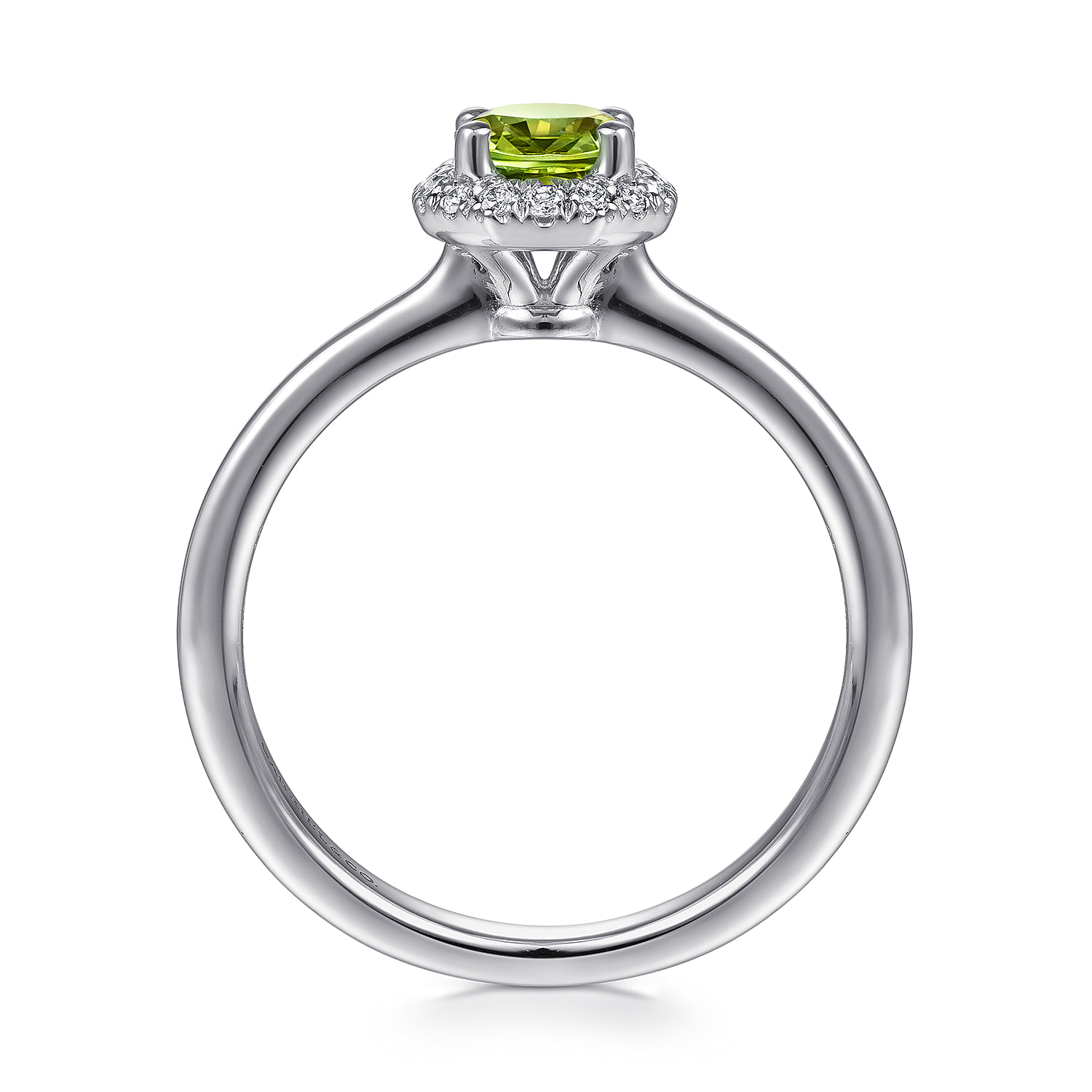 Round Peridot and Hexagon Diamond Halo Promise Ring in 14K White Gold, photograph 2