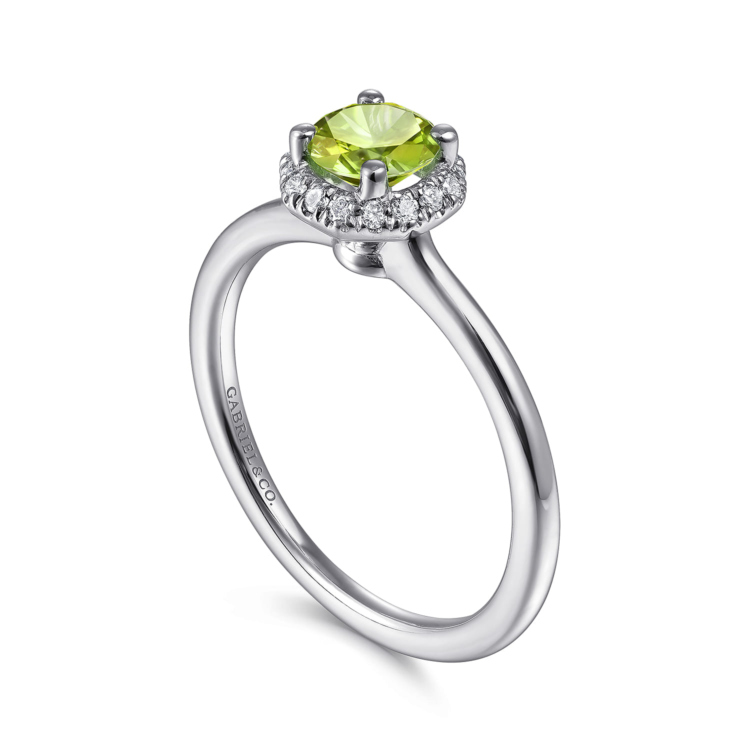 Round Peridot and Hexagon Diamond Halo Promise Ring in 14K White Gold, photograph 3