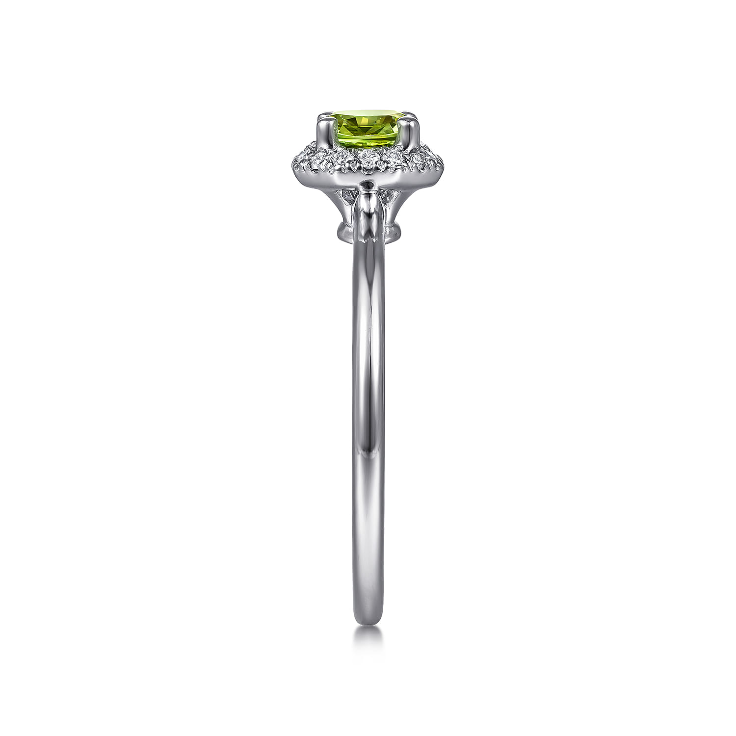 Round Peridot and Hexagon Diamond Halo Promise Ring in 14K White Gold, photograph 4