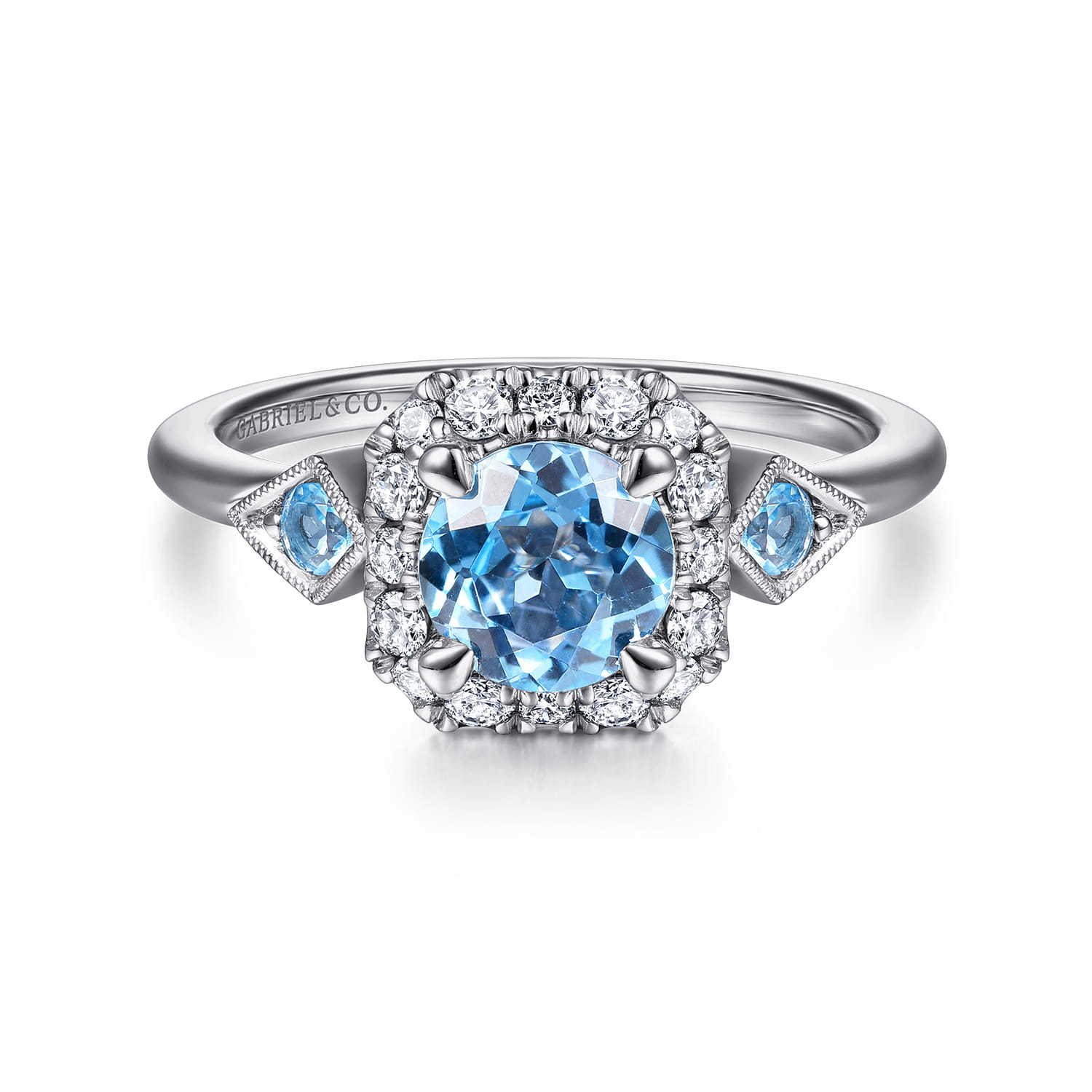 Three Stone Blue Topaz and Diamond Halo Ring in 14K White Gold