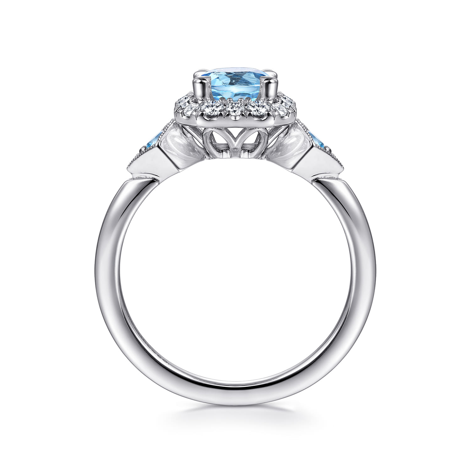 Three Stone Blue Topaz and Diamond Halo Ring in 14K White Gold, photograph 2