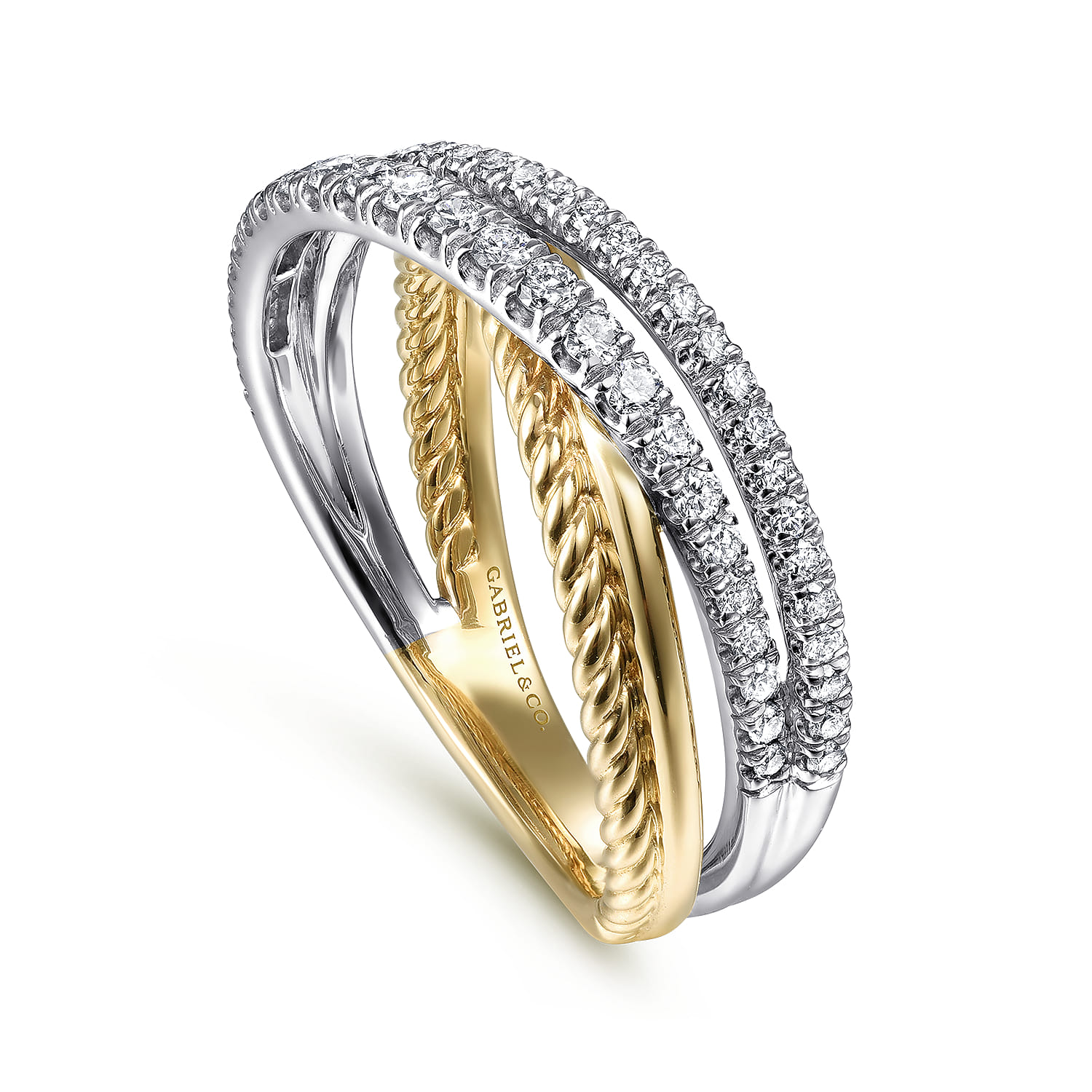 Twisted Rope and Diamond Criss Cross Ring in 14K White/Yellow Gold, photograph 3