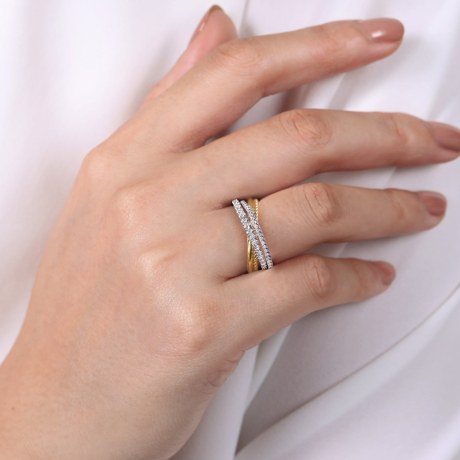 Twisted Rope and Diamond Criss Cross Ring in 14K White/Yellow Gold, photograph 5