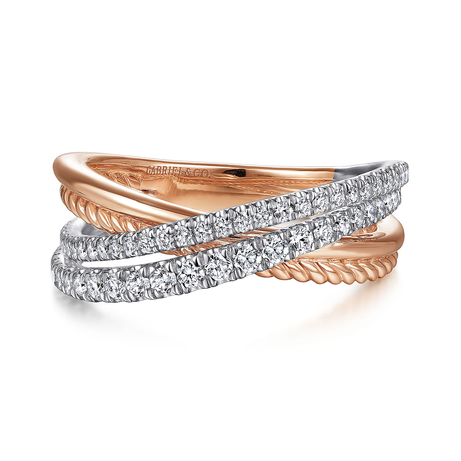 14K White-Rose Gold Twisted Rope and Diamond Criss Cross