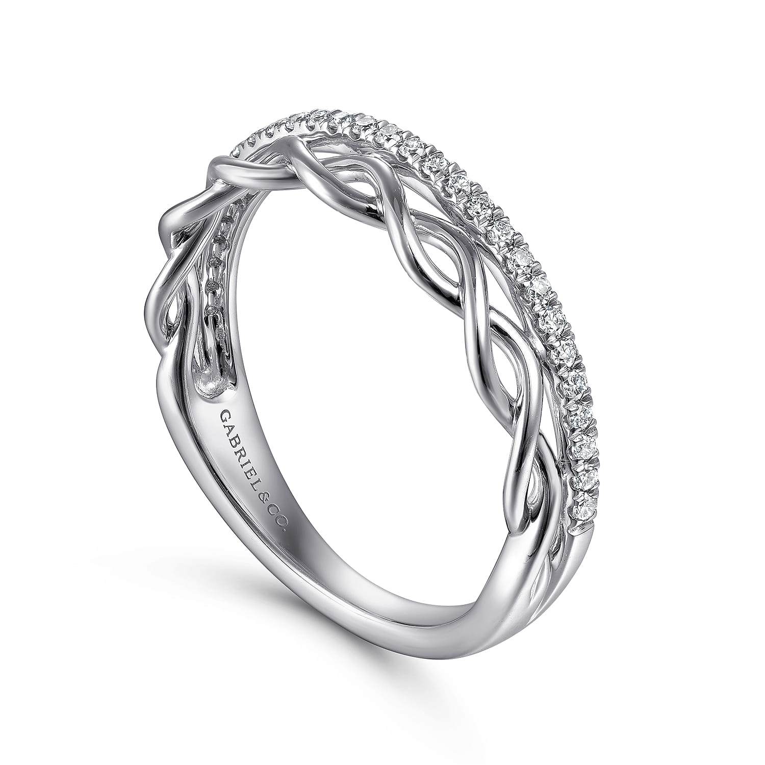 Braided Metal and Diamond Row Ring in 14K White Gold, photograph 3