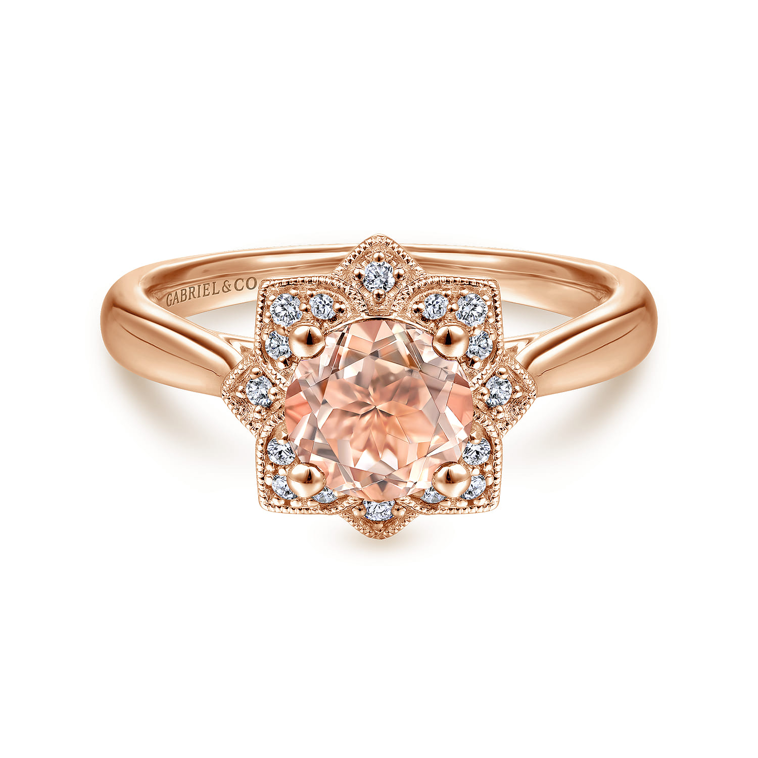 Floral Diamond Halo Round Morganite Ring