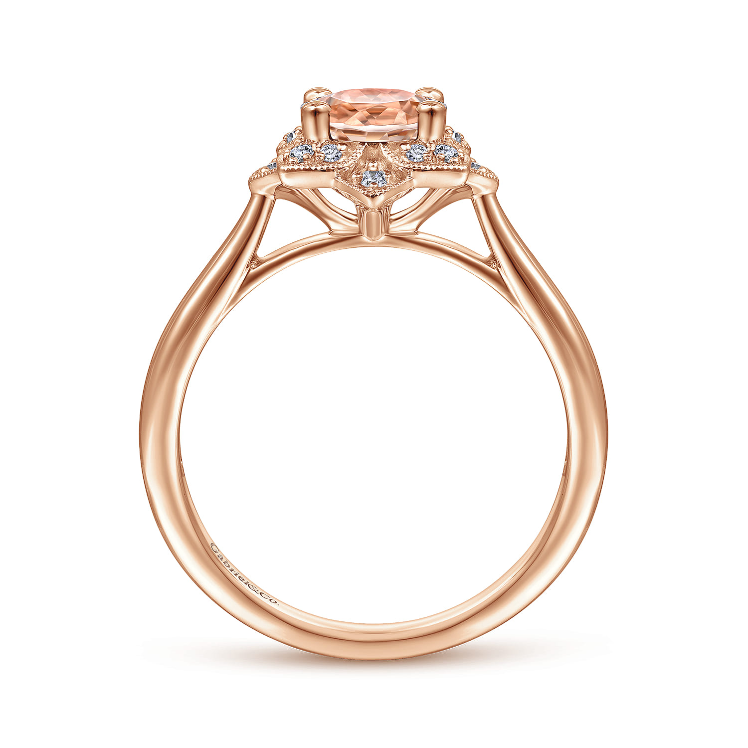 Floral Diamond Halo Round Morganite Ring in 14K Rose Gold, photograph 2