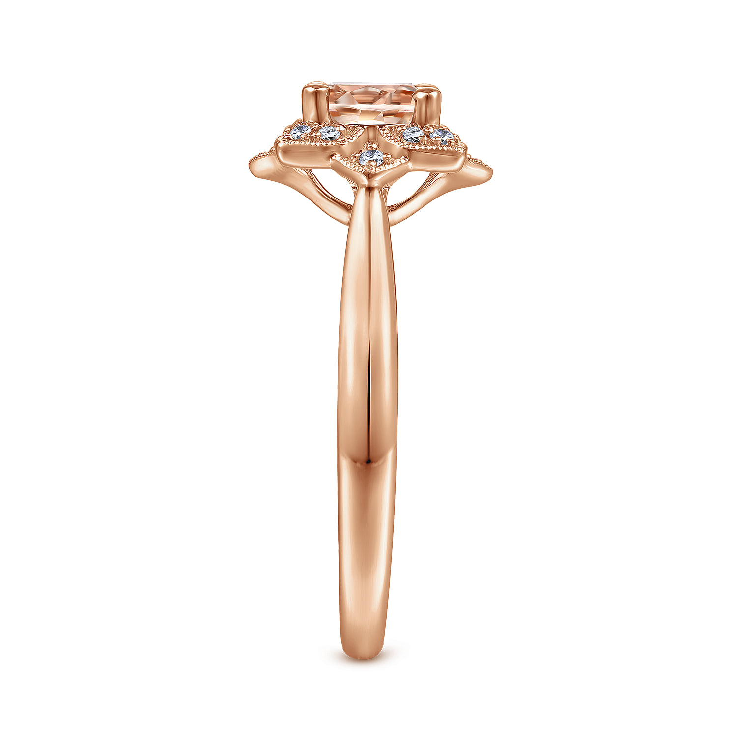 Floral Diamond Halo Round Morganite Ring in 14K Rose Gold, photograph 4