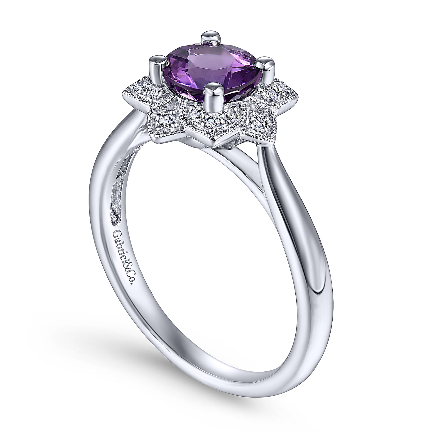 Vintage Inspired Round Amethyst and Diamond Flower Promise Ring in 14K White Gold, photograph 3