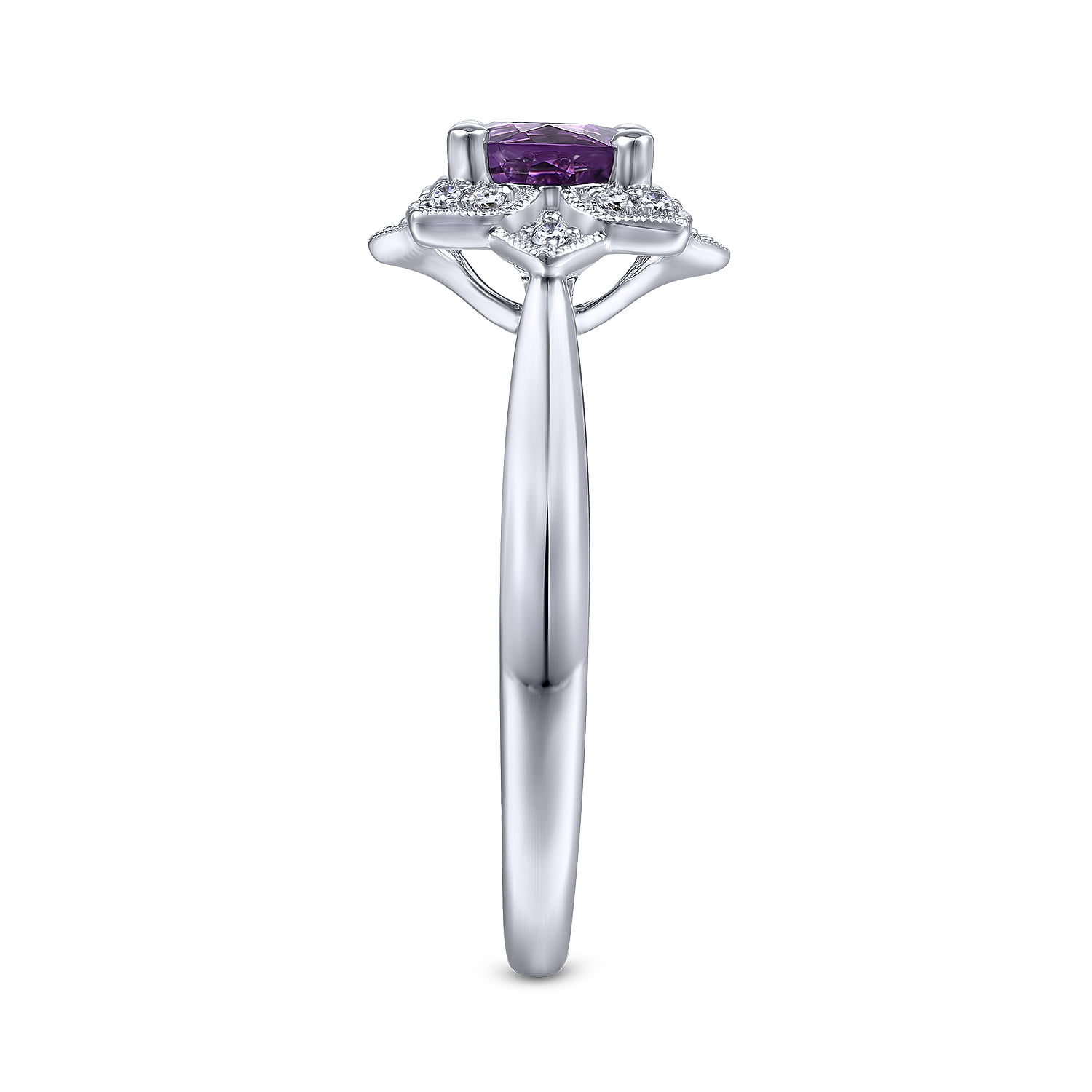 Vintage Inspired Round Amethyst and Diamond Flower Promise Ring in 14K White Gold, photograph 4