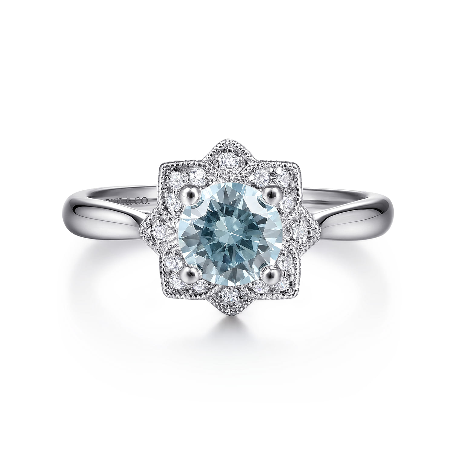 Flower Halo Aquamarine and Diamond Promise Ring