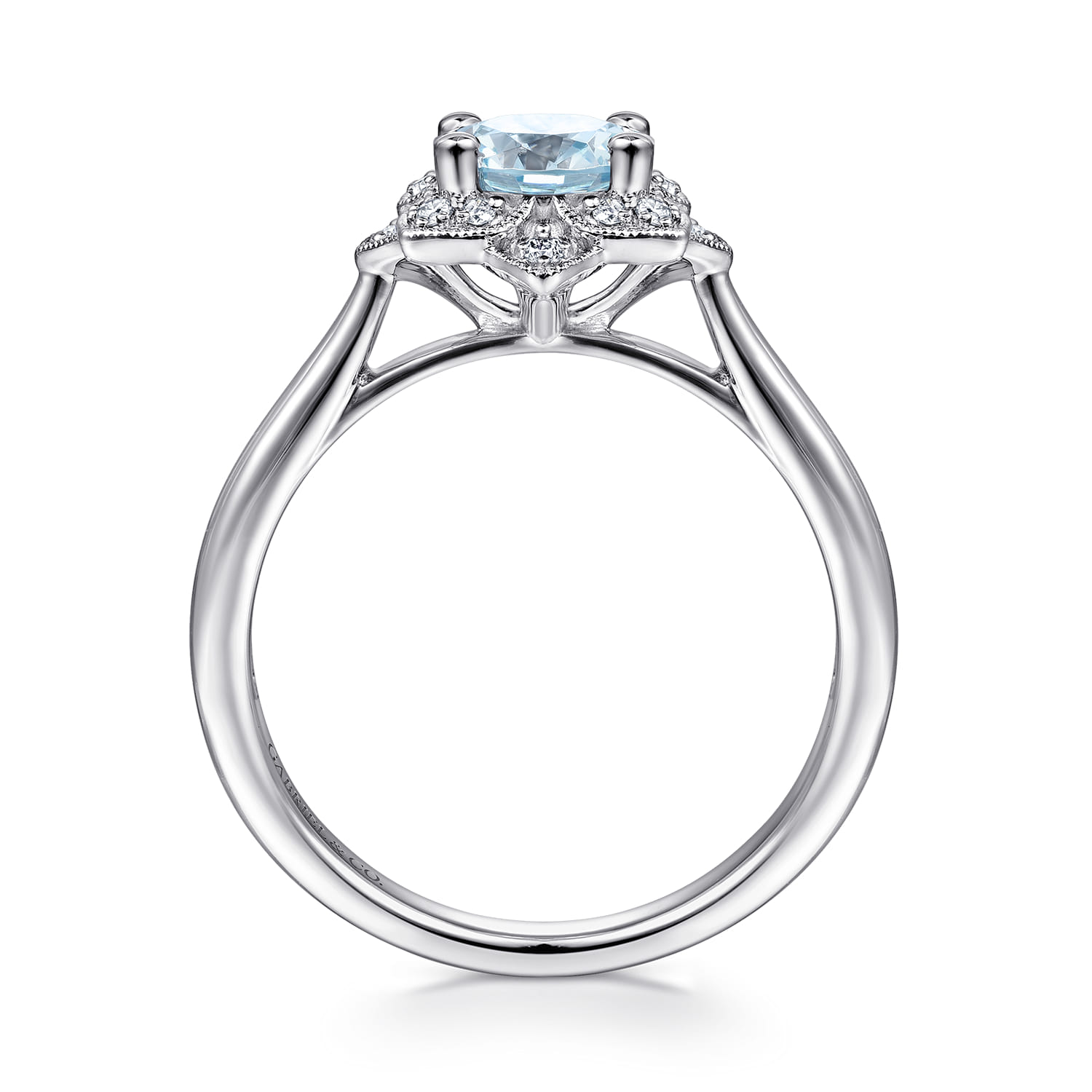 Flower Halo Aquamarine and Diamond Promise Ring in 14K White Gold, photograph 2